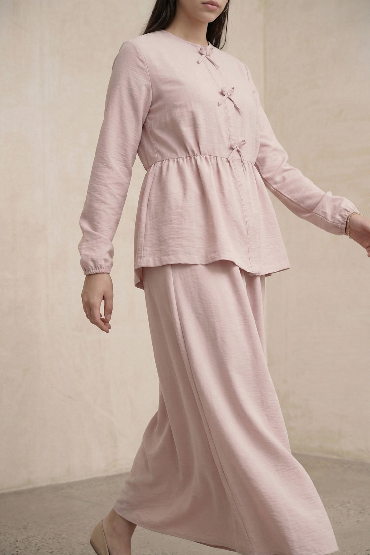 Fly Cupra Kumaş Kurdele Detaylı Büzgülü Bluz Etek Takım |  