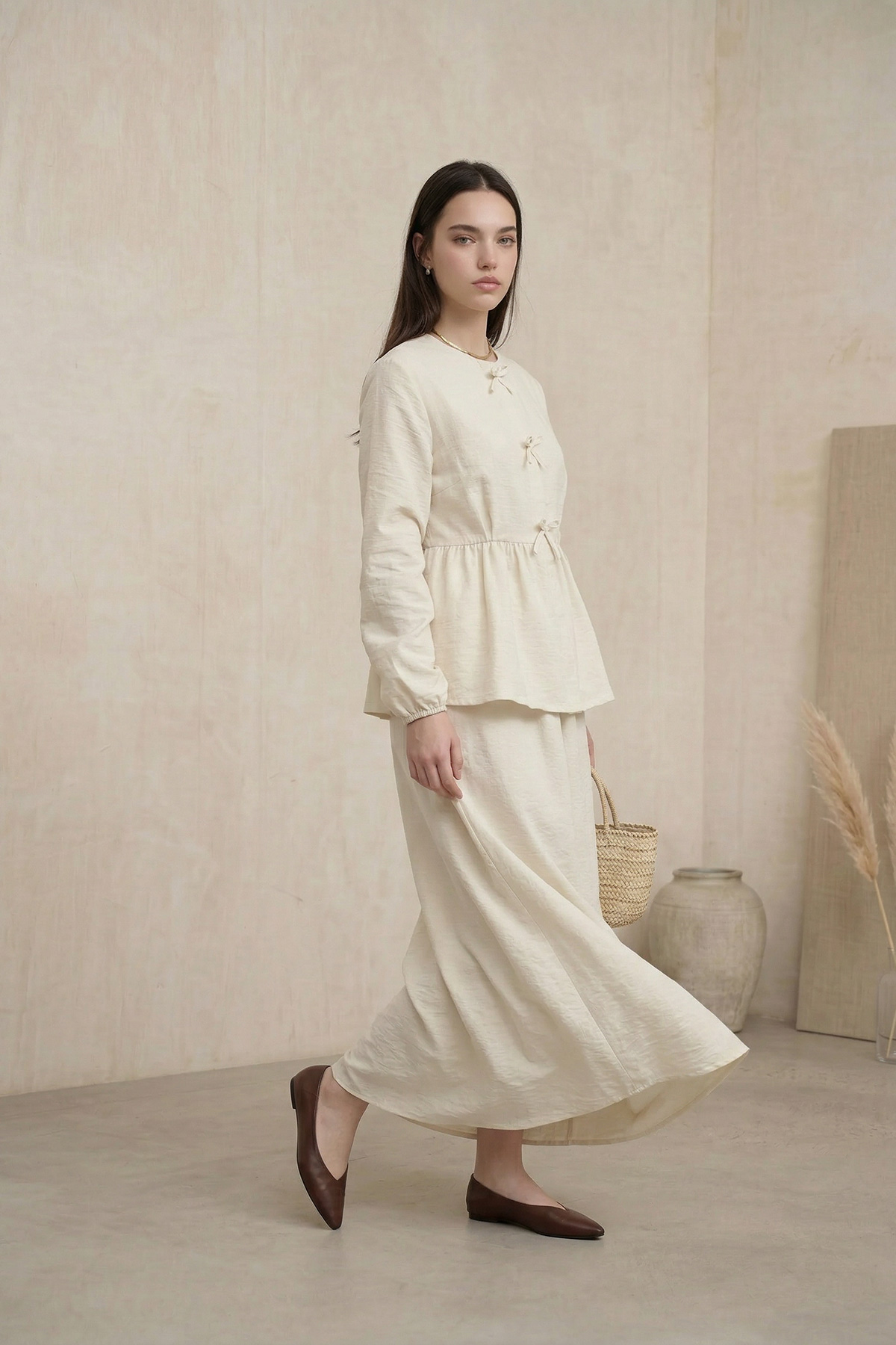 Fly Cupra Kumaş Kurdele Detaylı Büzgülü Bluz Etek Takım |  