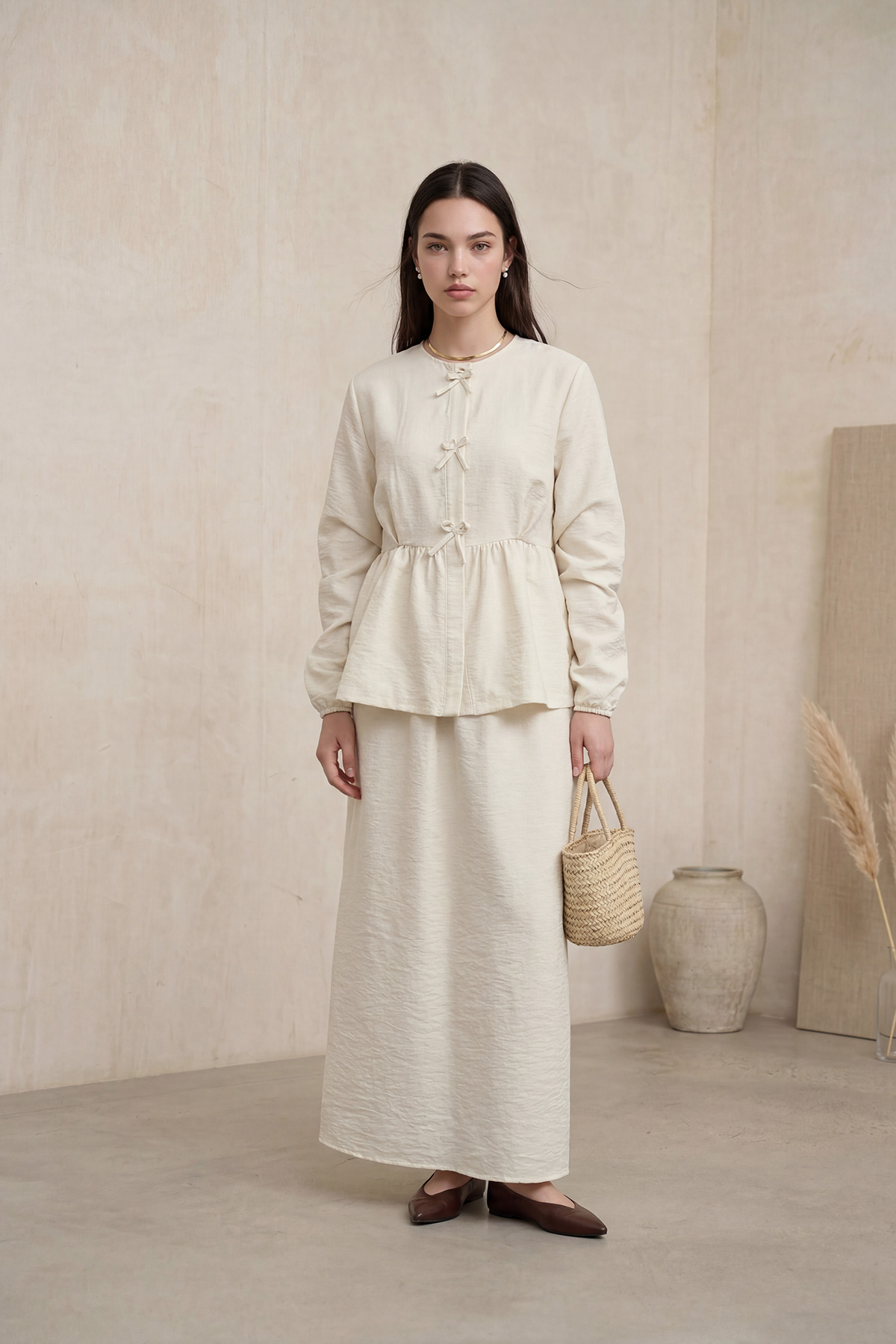 Fly Cupra Kumaş Kurdele Detaylı Büzgülü Bluz Etek Takım |  