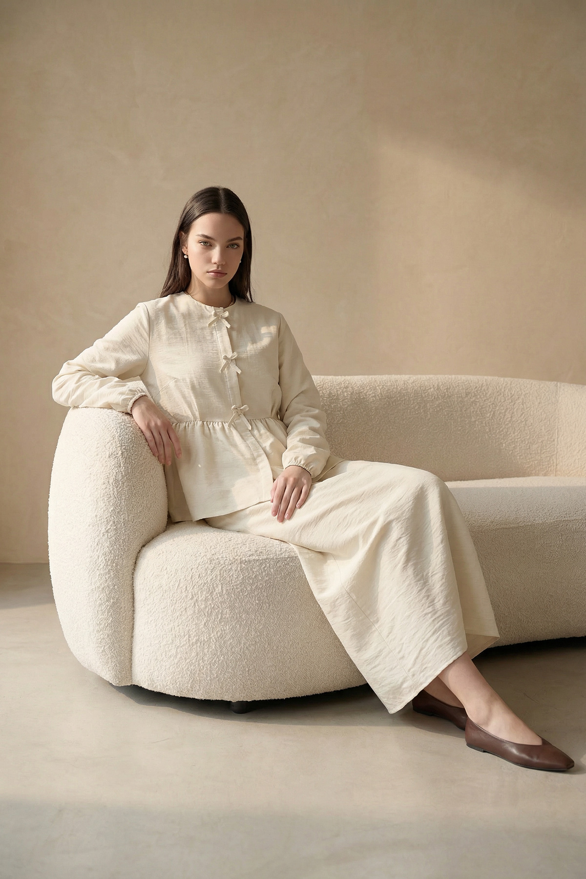 Fly Cupra Kumaş Kurdele Detaylı Büzgülü Bluz Etek Takım |  