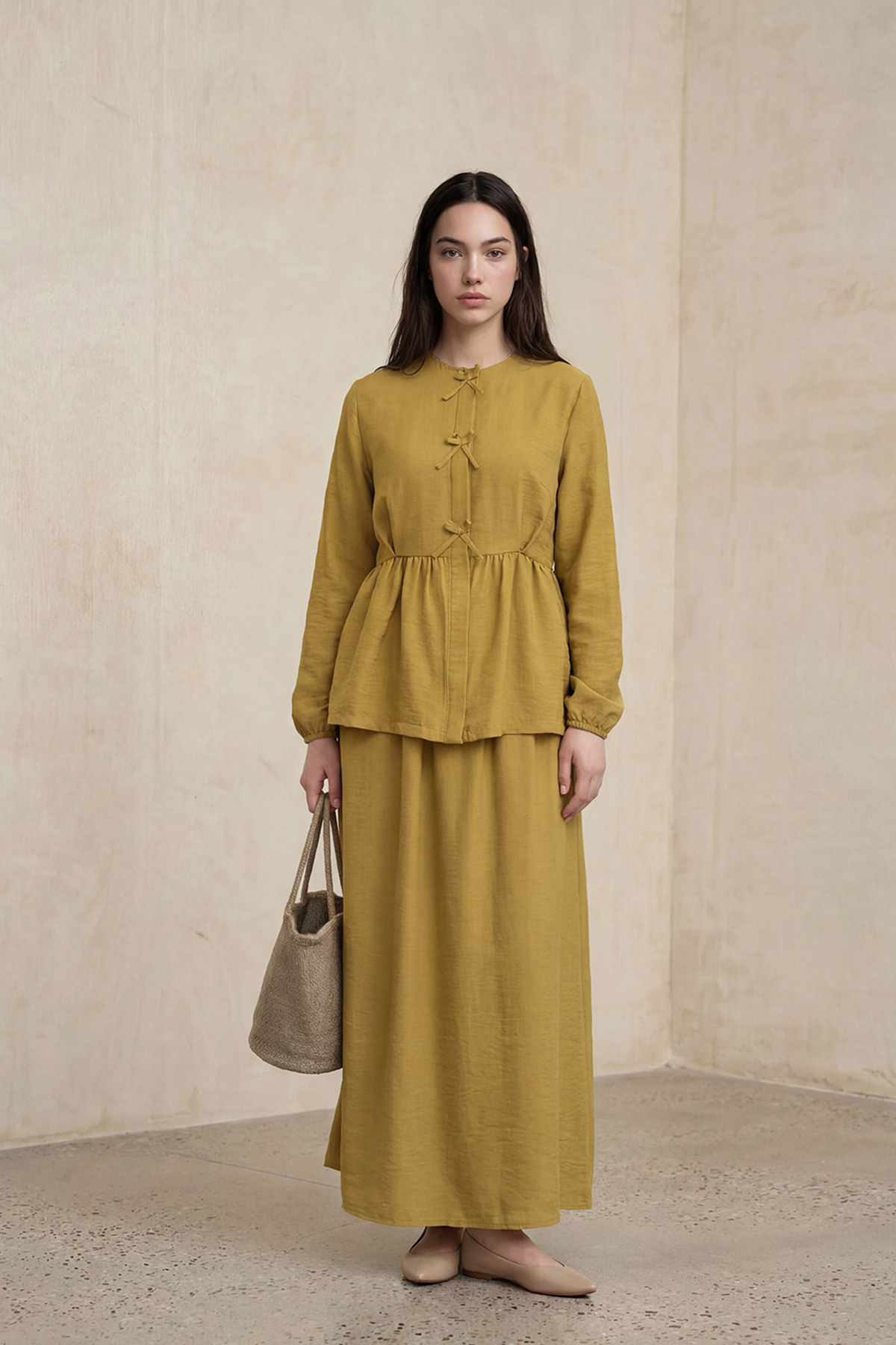 Fly Cupra Kumaş Kurdele Detaylı Büzgülü Bluz Etek Takım |  