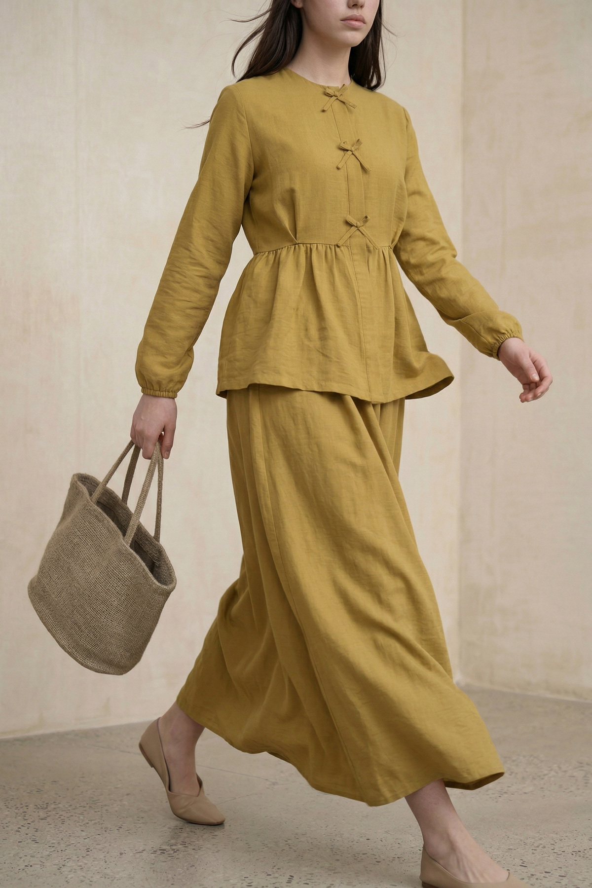 Fly Cupra Kumaş Kurdele Detaylı Büzgülü Bluz Etek Takım |  