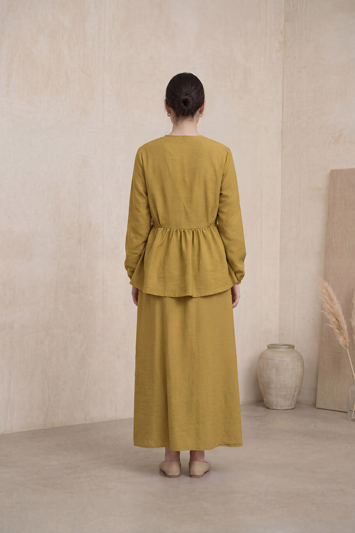 Fly Cupra Kumaş Kurdele Detaylı Büzgülü Bluz Etek Takım |  