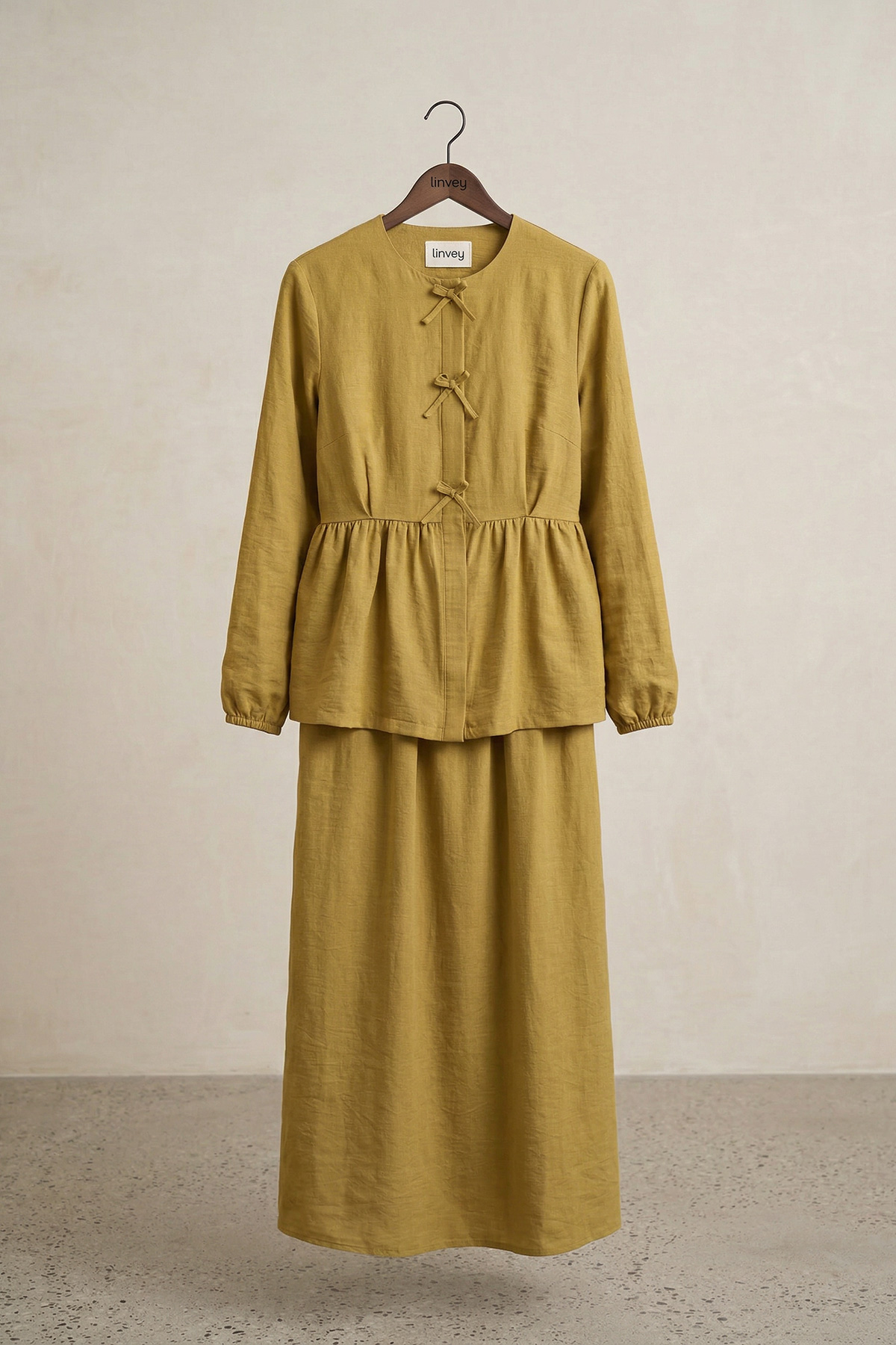 Fly Cupra Kumaş Kurdele Detaylı Büzgülü Bluz Etek Takım |  