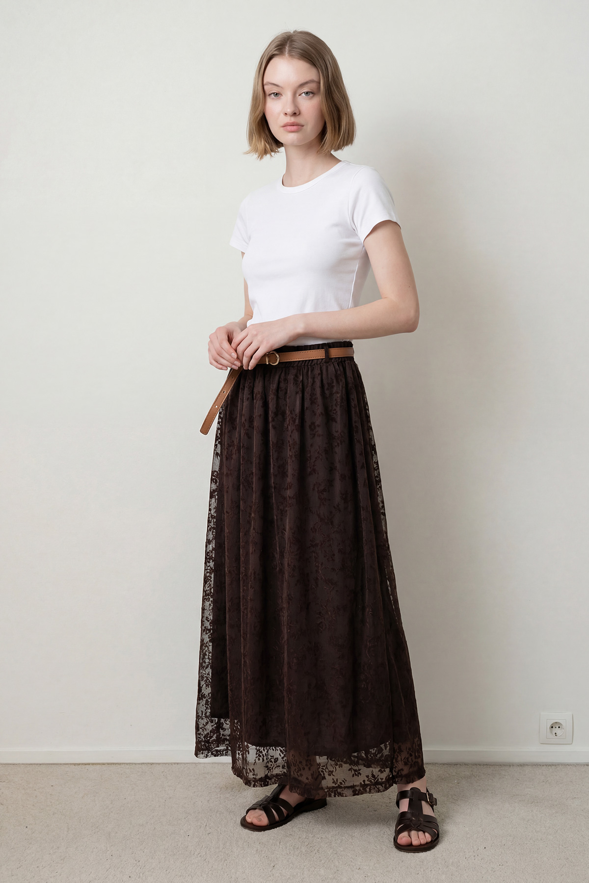 Floklu Tül Kemer Detaylı Uzun Etek Kadın |  