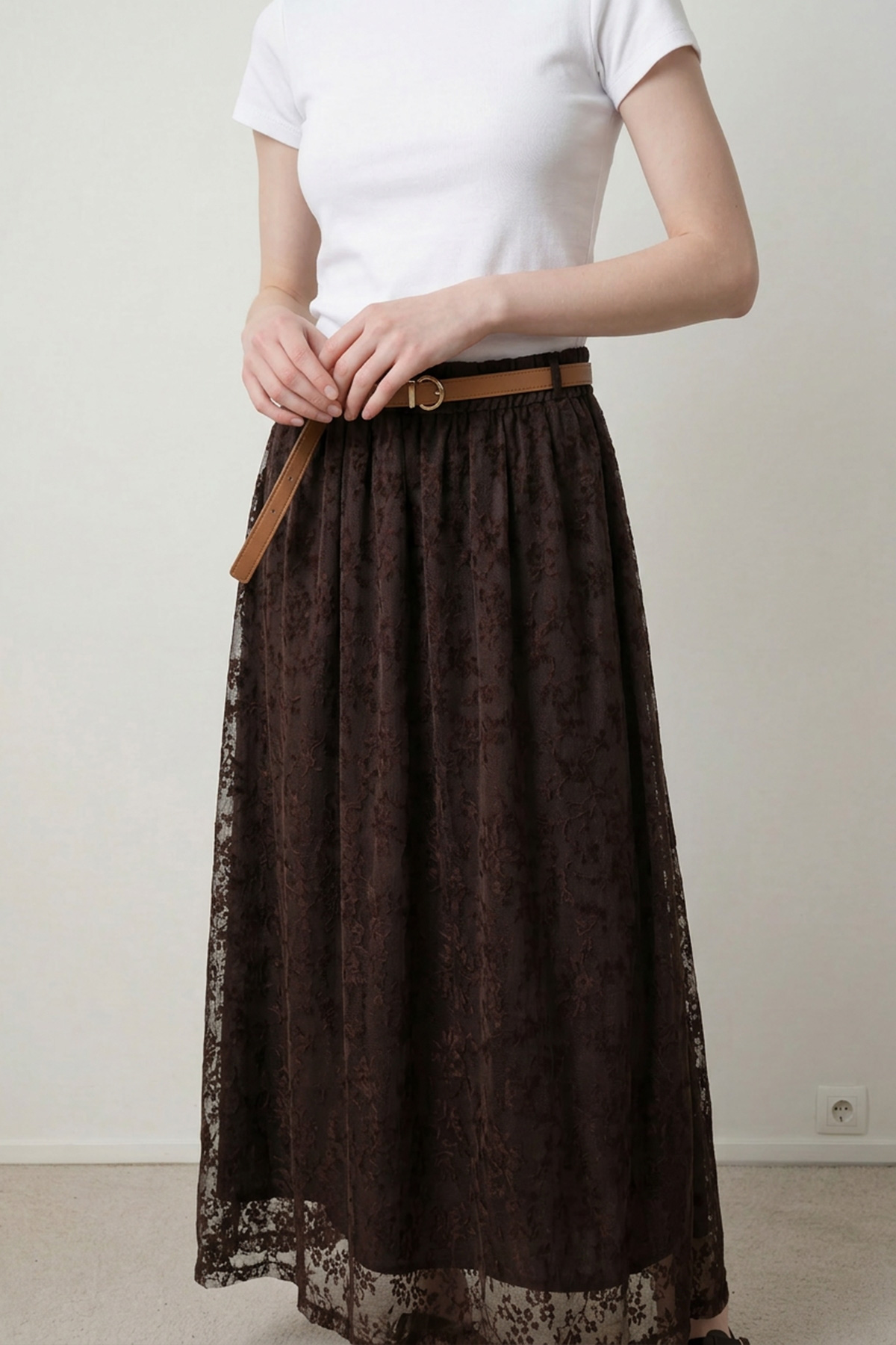 Floklu Tül Kemer Detaylı Uzun Etek Kadın |  