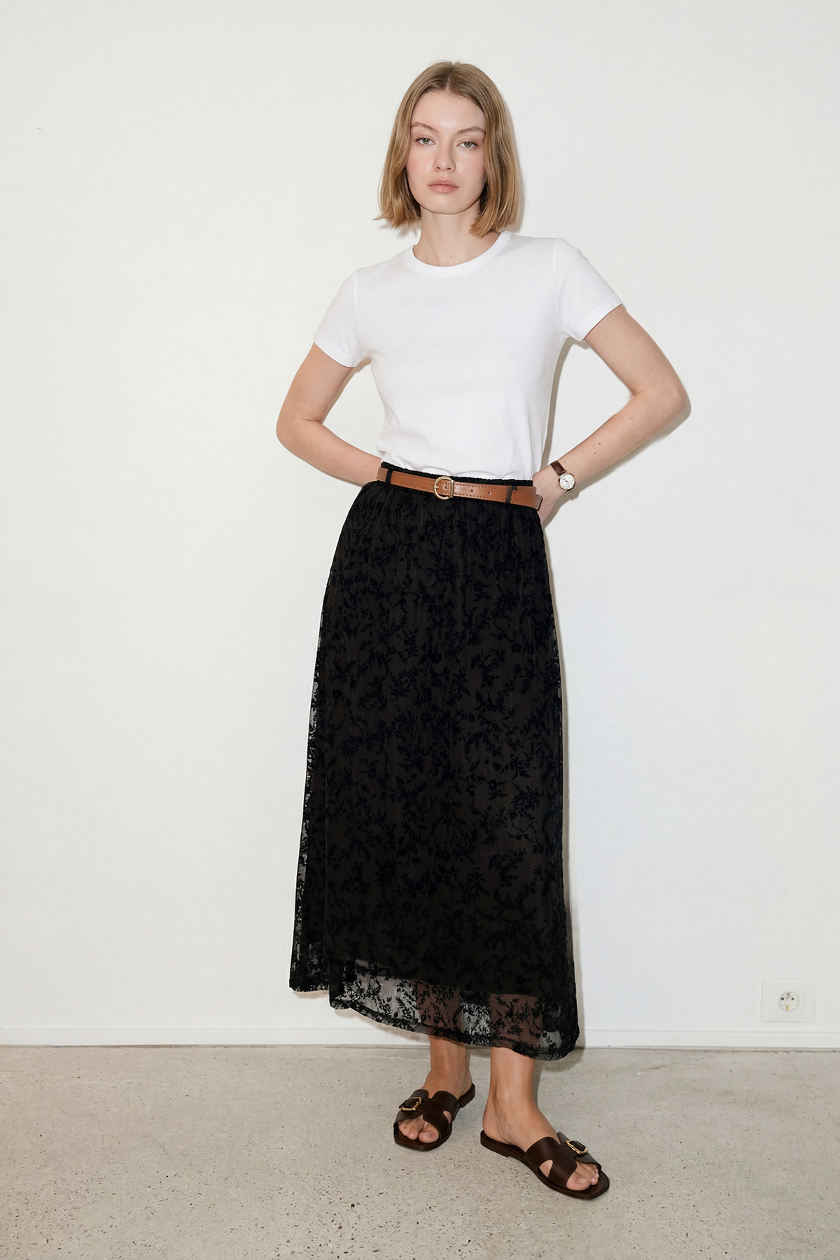 Floklu Tül Kemer Detaylı Uzun Etek Kadın |  