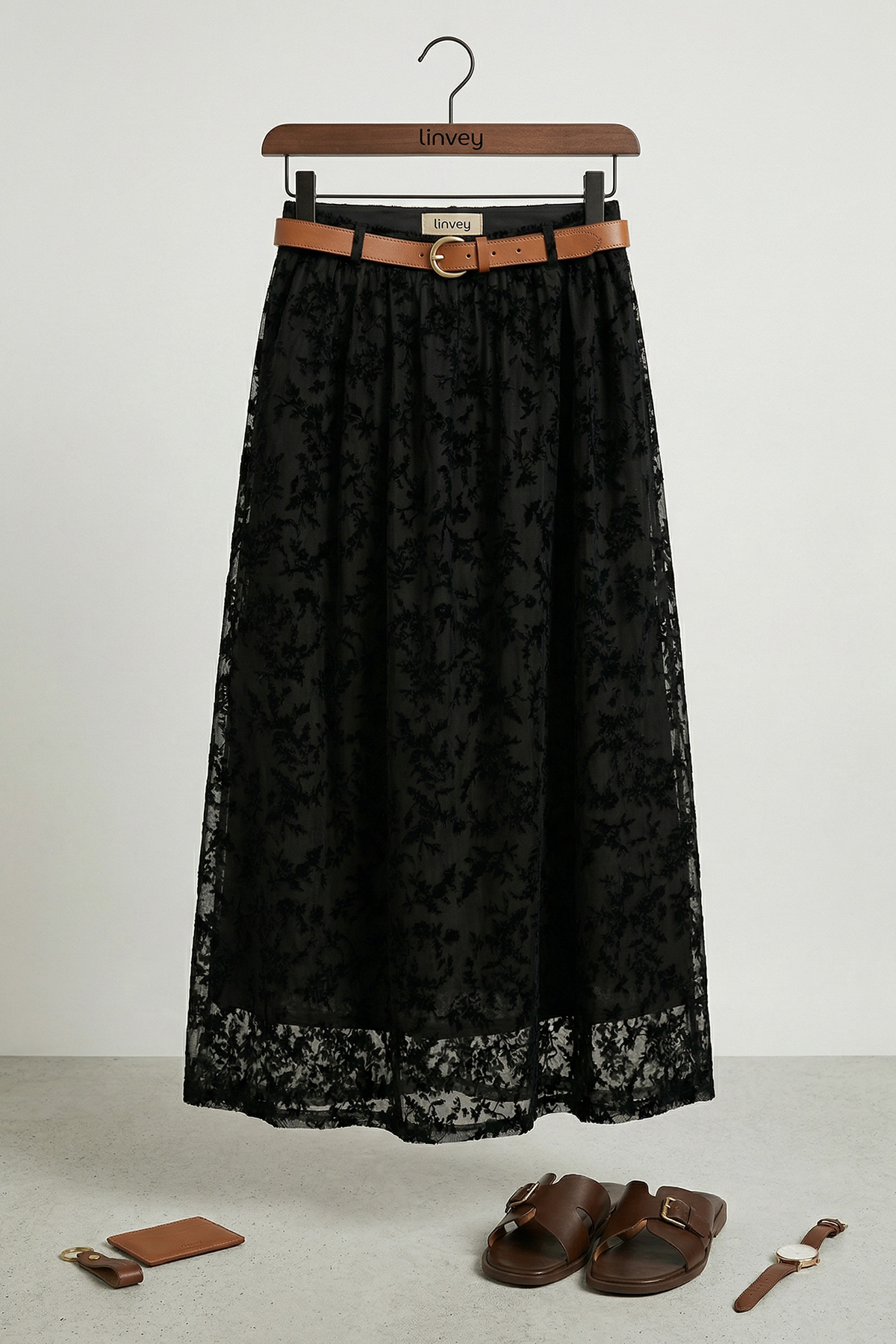 Floklu Tül Kemer Detaylı Uzun Etek Kadın |  