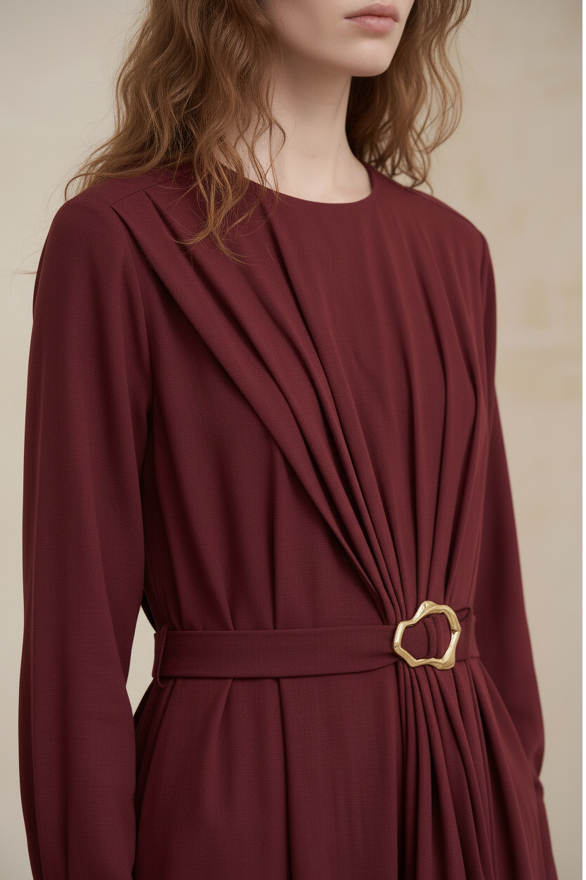 Modal Tensel Kumaş Drapeli Kemer Detaylı Tokalı Uzun Elbise Kadın |  