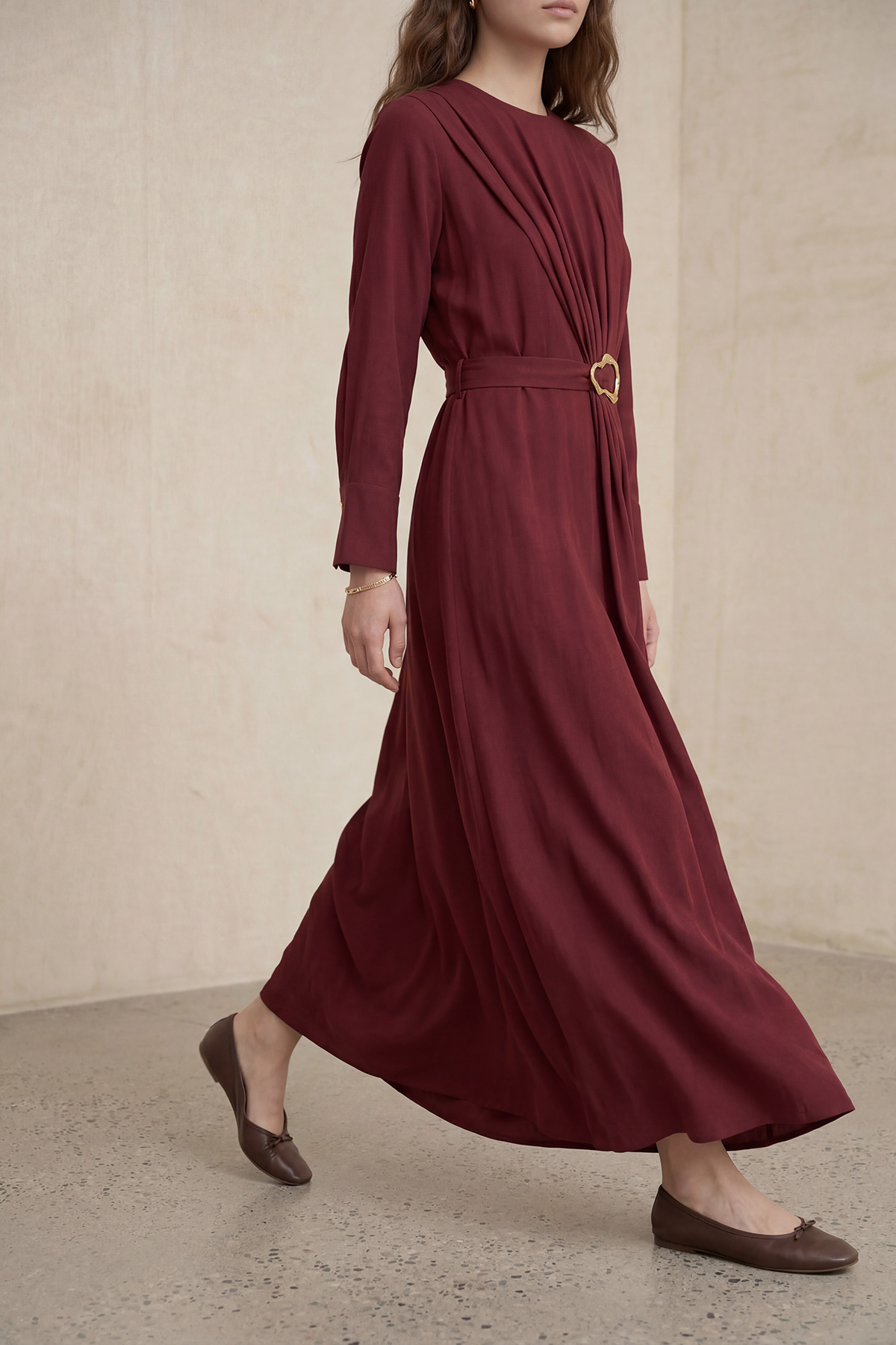 Modal Tensel Kumaş Drapeli Kemer Detaylı Tokalı Uzun Elbise Kadın |  