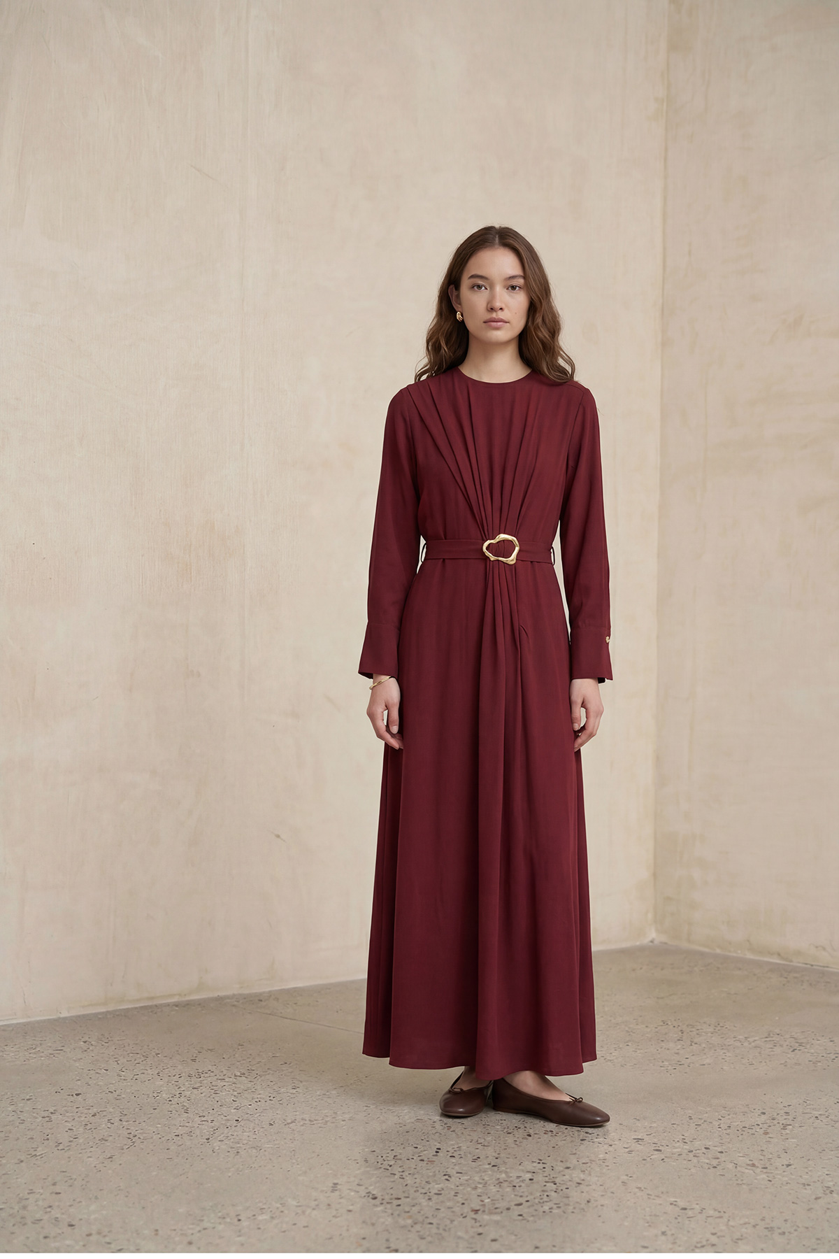 Modal Tensel Kumaş Drapeli Kemer Detaylı Tokalı Uzun Elbise Kadın |  