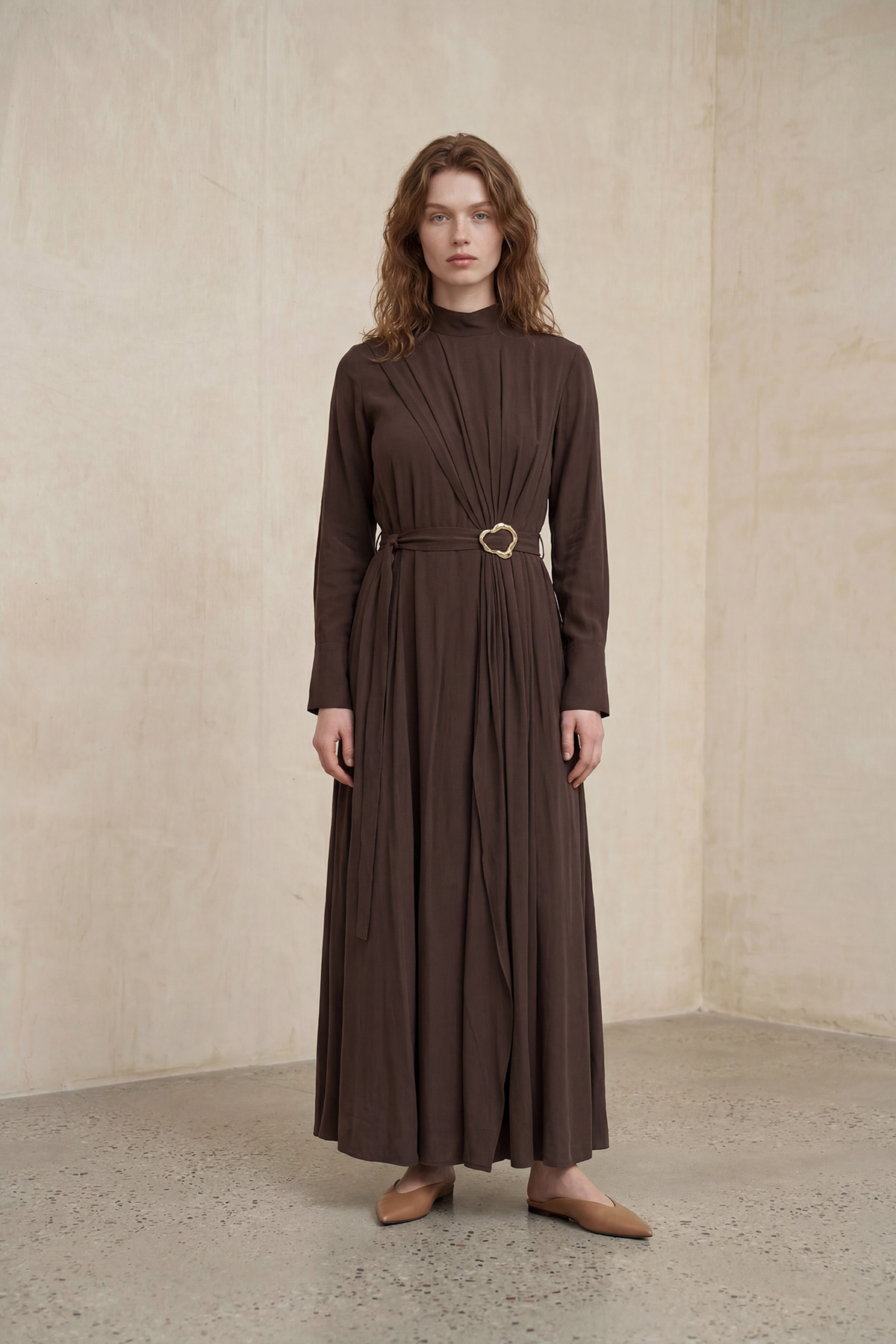 Modal Tensel Kumaş Drapeli Kemer Detaylı Tokalı Uzun Elbise Kadın |  