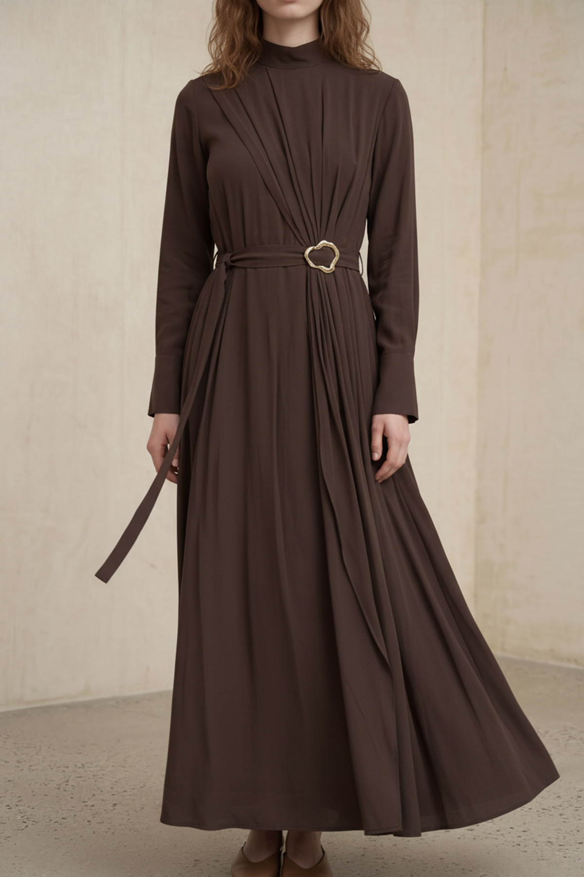 Modal Tensel Kumaş Drapeli Kemer Detaylı Tokalı Uzun Elbise Kadın |  