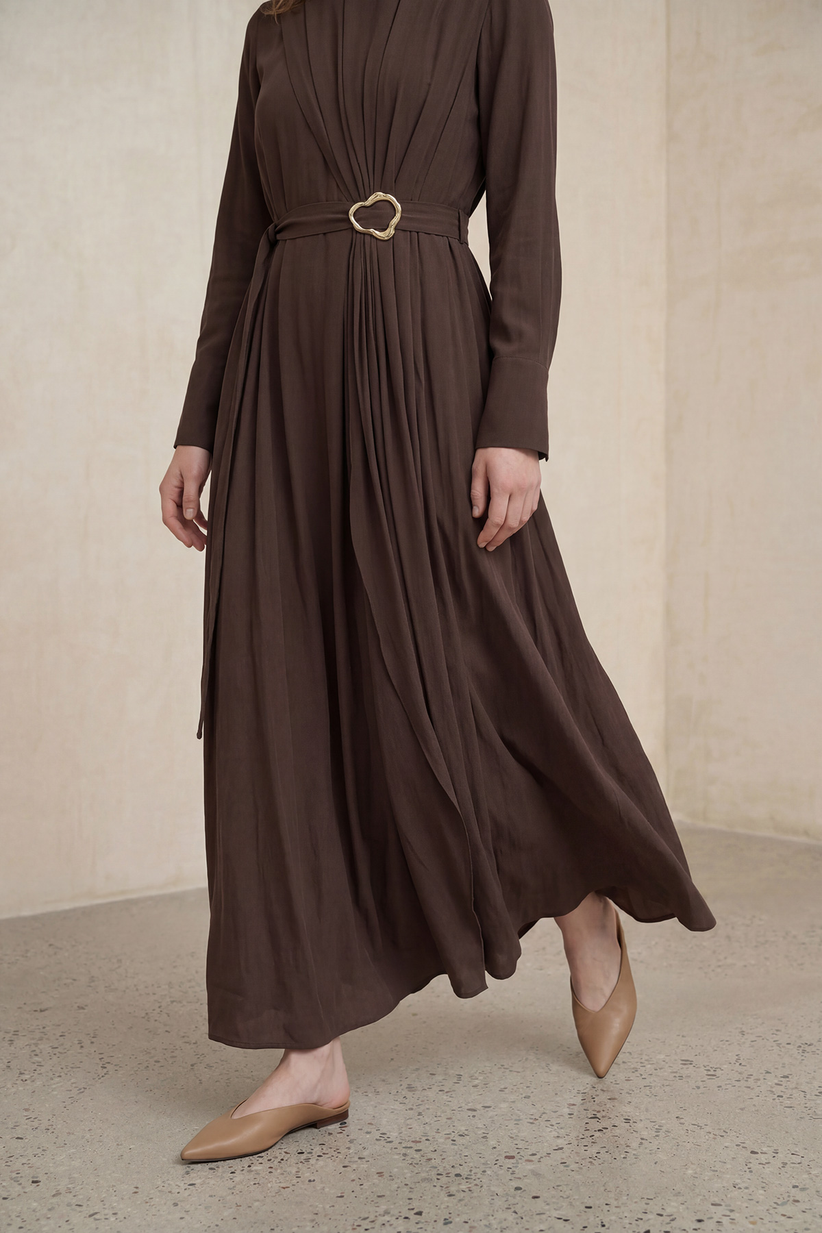 Modal Tensel Kumaş Drapeli Kemer Detaylı Tokalı Uzun Elbise Kadın |  