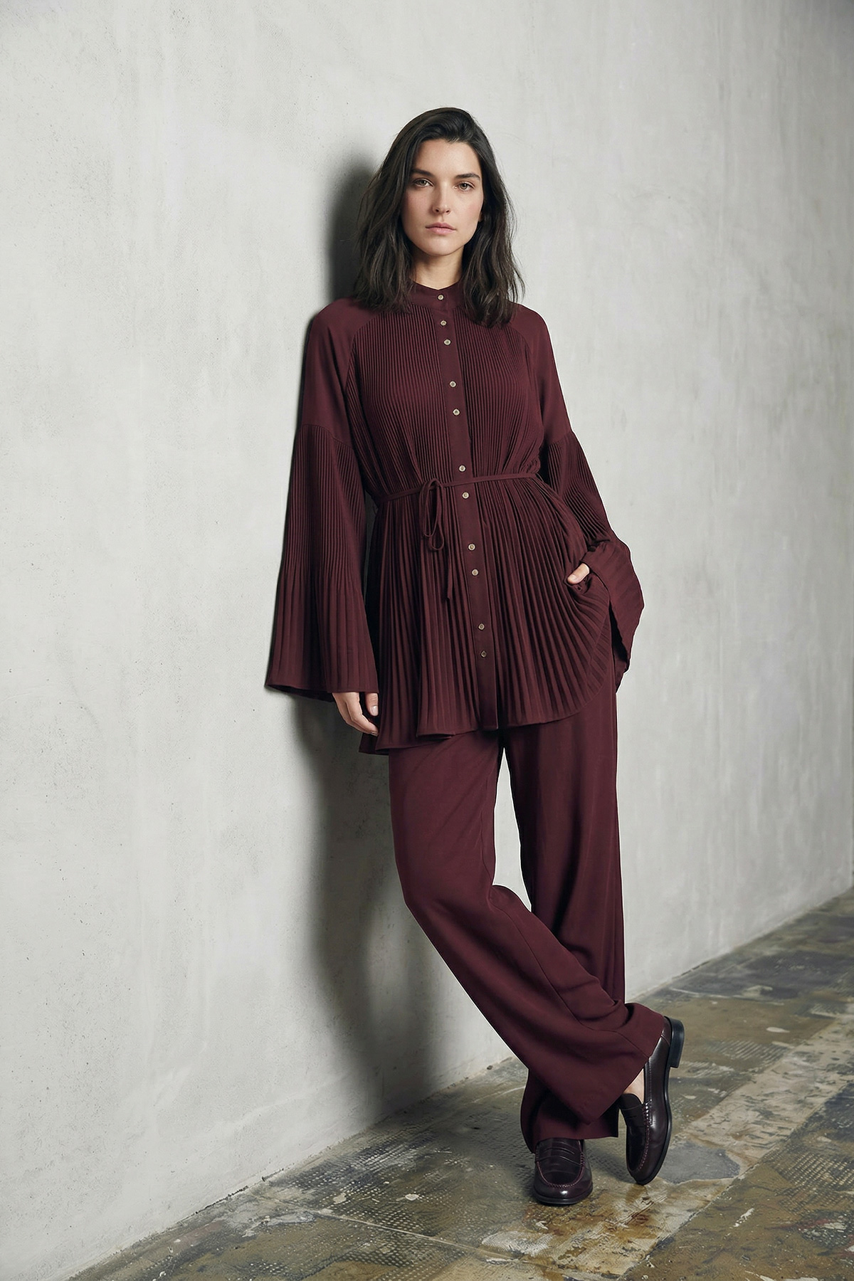 Piliseli Kemer Detaylı Düğmeli Ceket Pantolon Kadın Takım |  