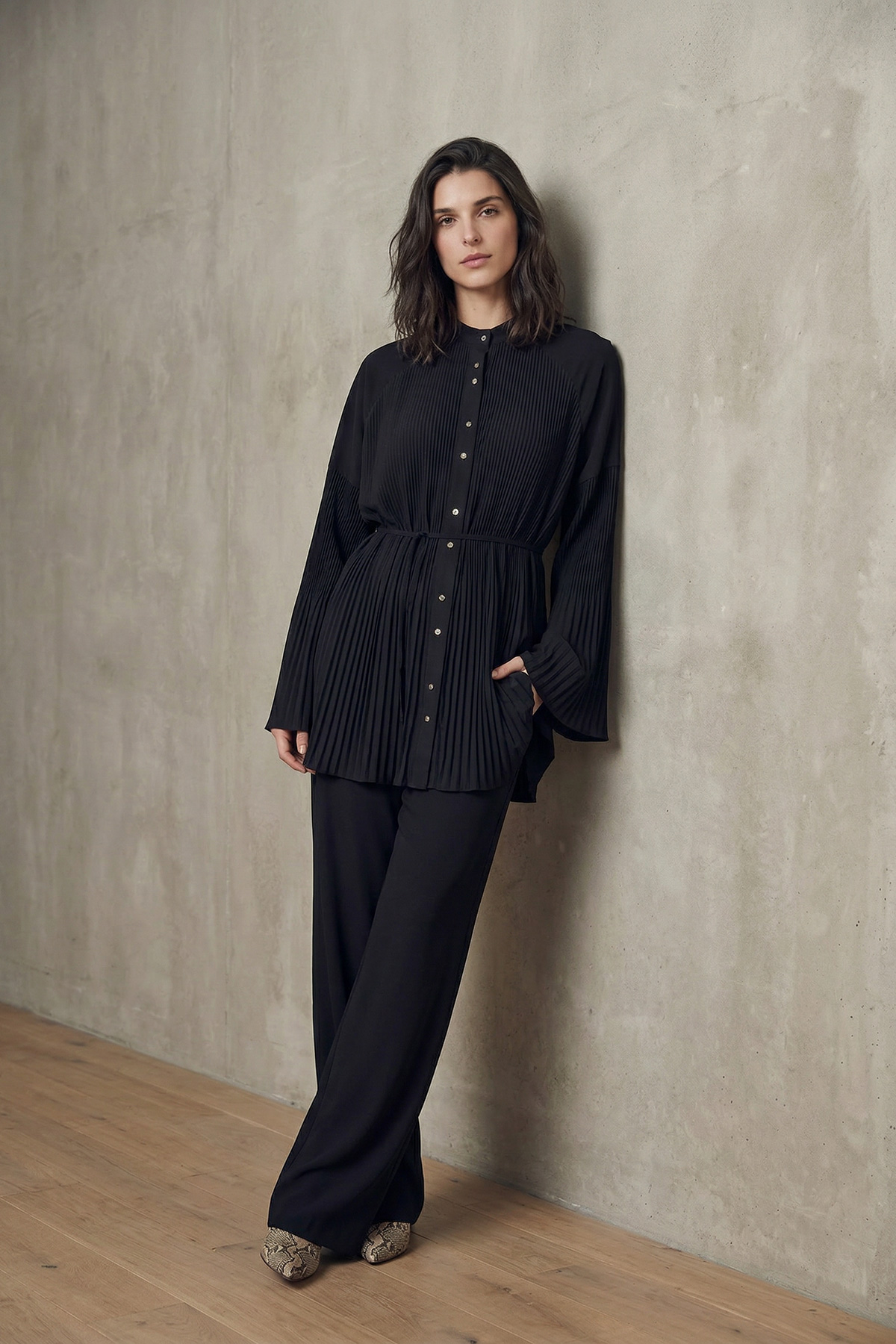 Piliseli Kemer Detaylı Düğmeli Ceket Pantolon Kadın Takım |  