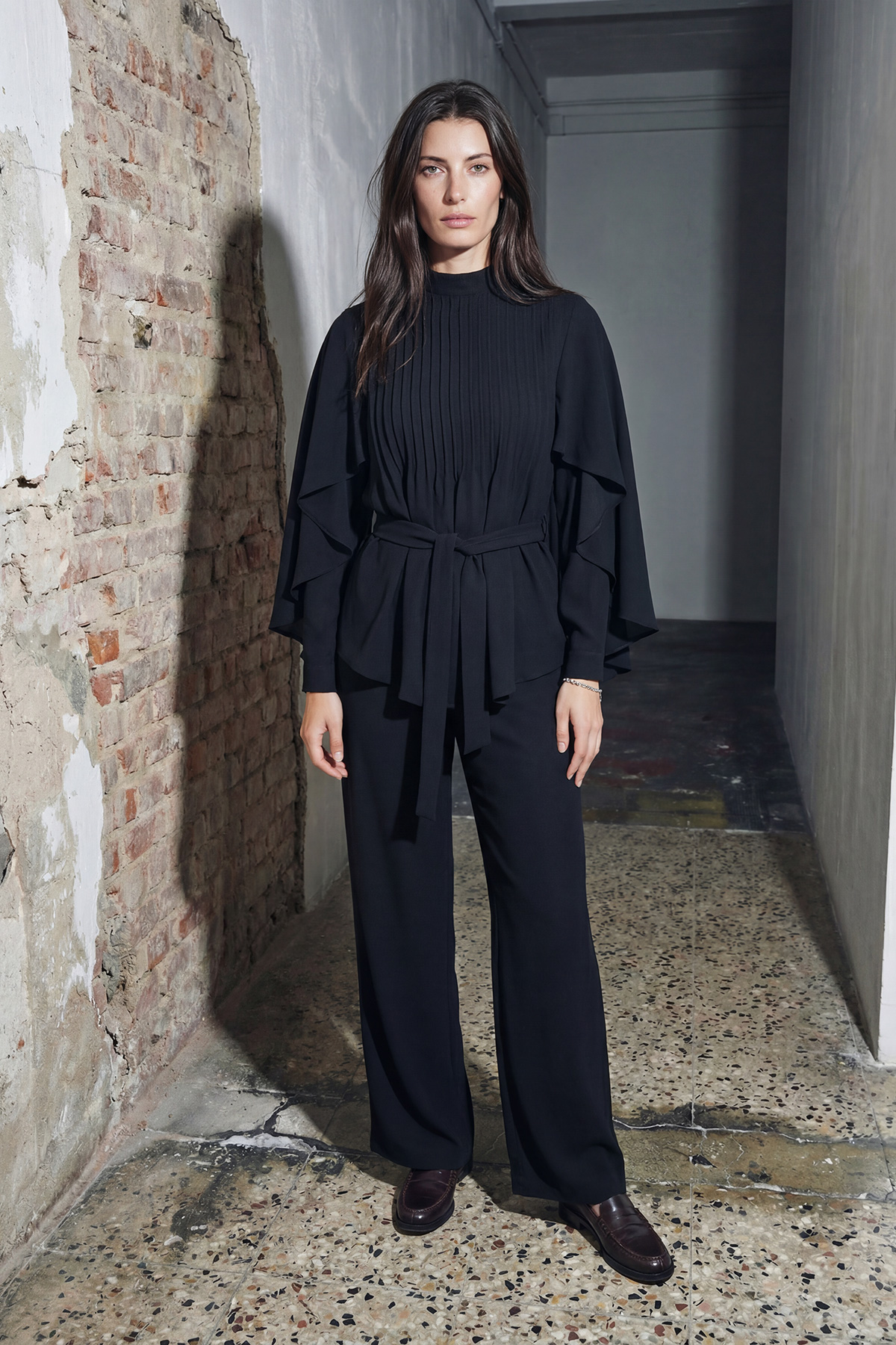 Pelerin Detaylı Kemerli Volan Kol Bluz Pantolon Kadın Takım |  