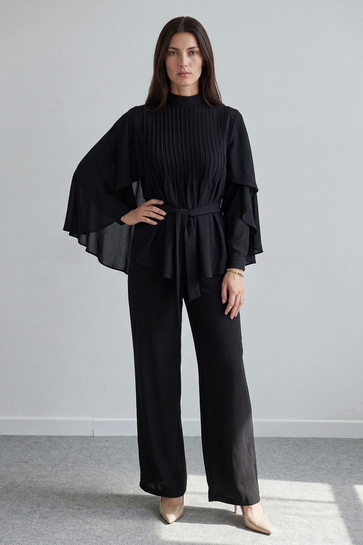 Pelerin Detaylı Kemerli Volan Kol Bluz Pantolon Kadın Takım |  