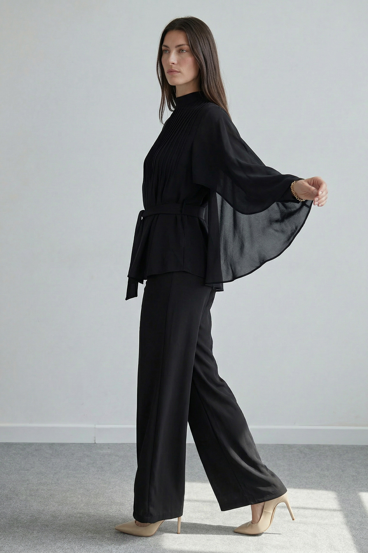 Pelerin Detaylı Kemerli Volan Kol Bluz Pantolon Kadın Takım |  