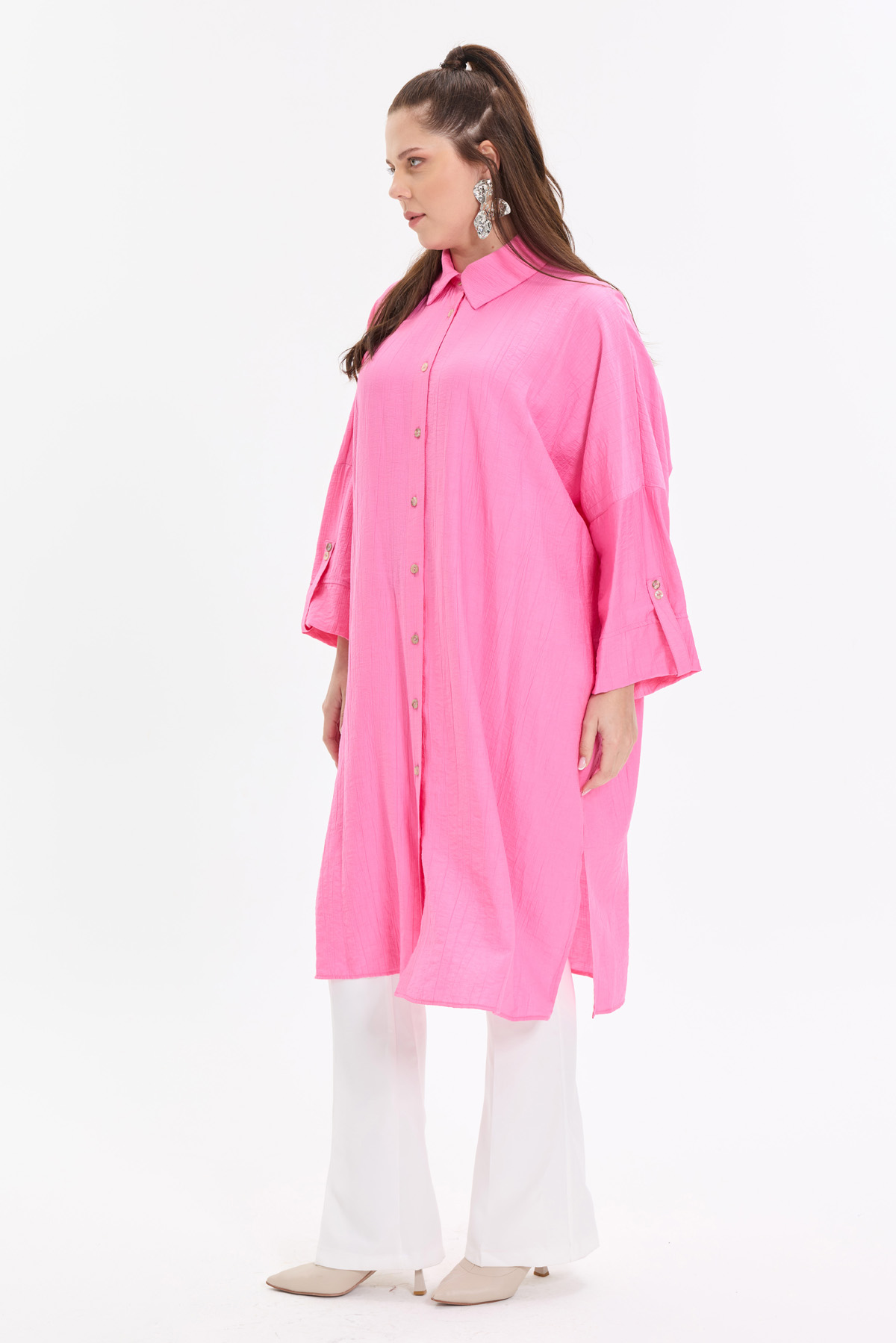 Çilek Kumaş Yarasa Kol Oversize Kadın Gömlek |  