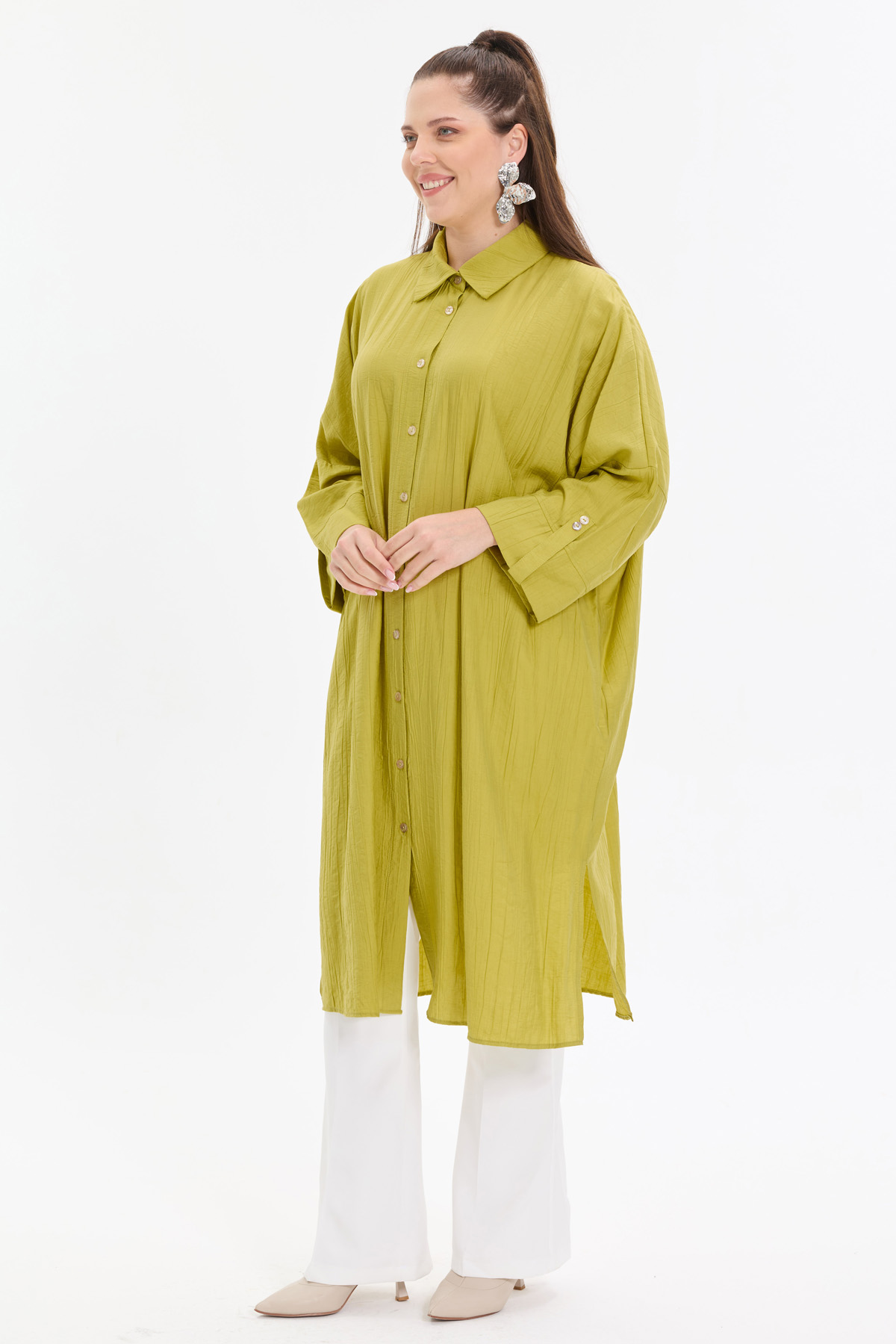 Çilek Kumaş Yarasa Kol Oversize Kadın Gömlek |  