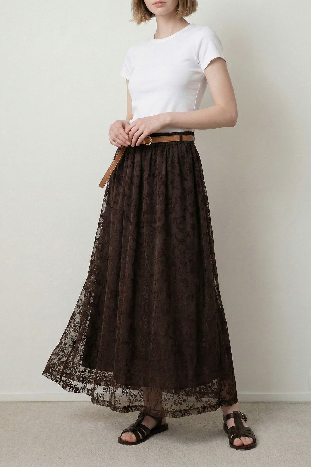 Floklu Tül Kemer Detaylı Uzun Etek Kadın |  