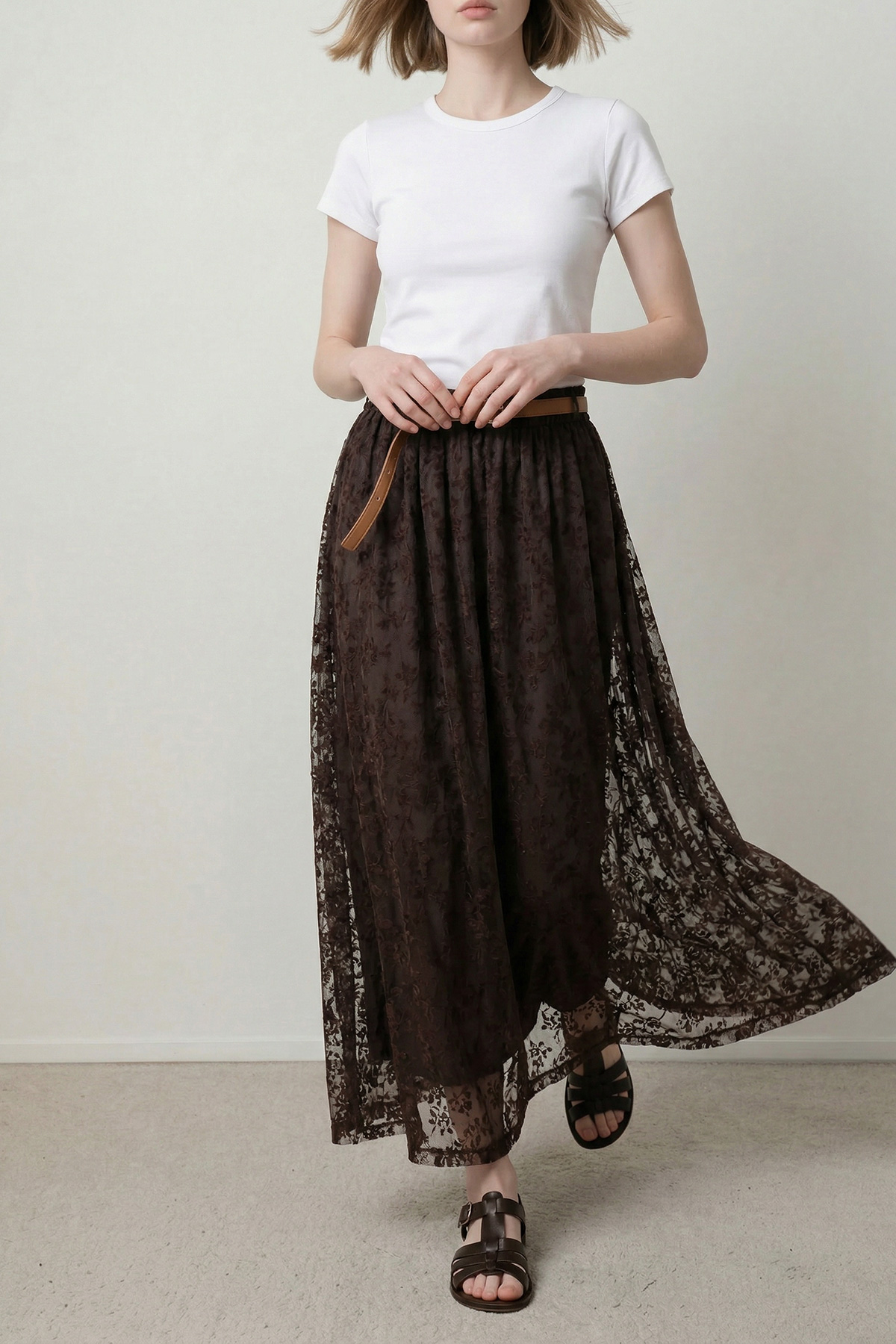 Floklu Tül Kemer Detaylı Uzun Etek Kadın |  