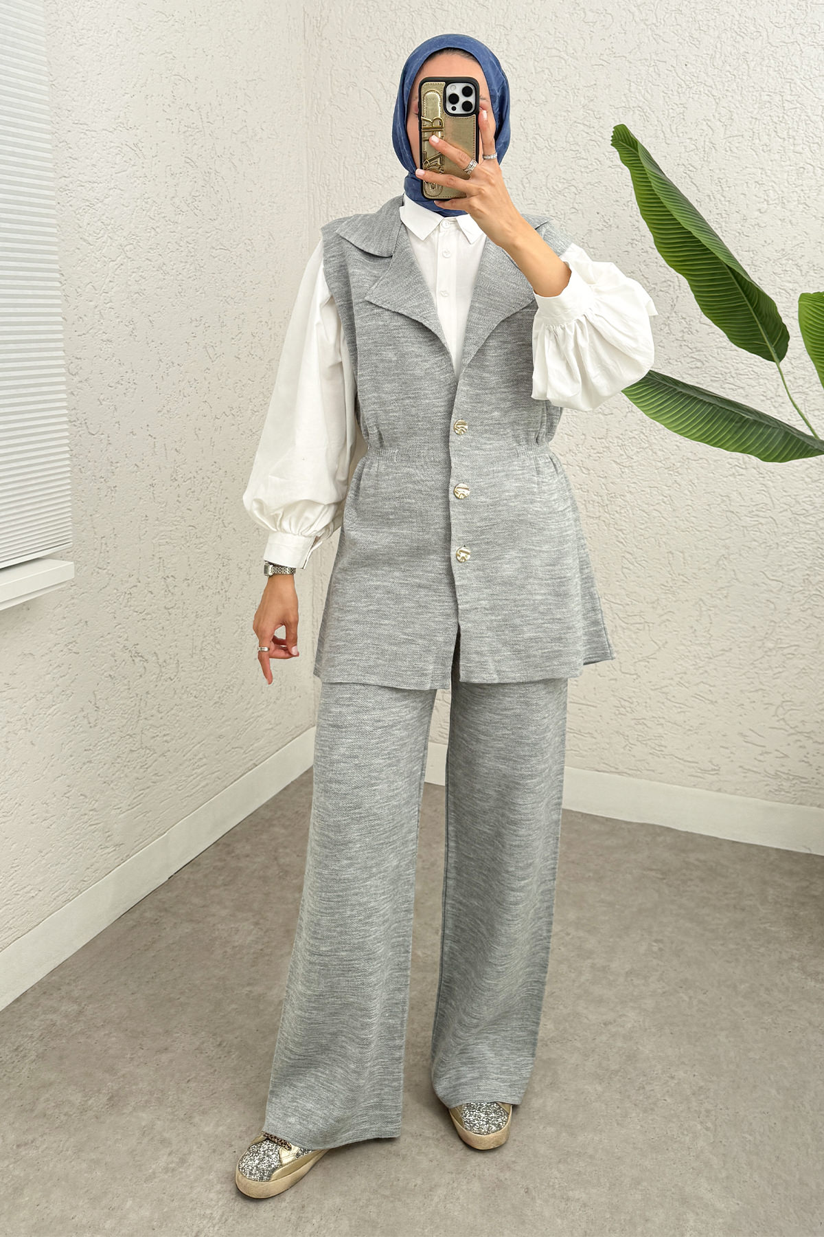 Büzgü Formlu Triko Pantolon Takım 00021 - GRİ |  