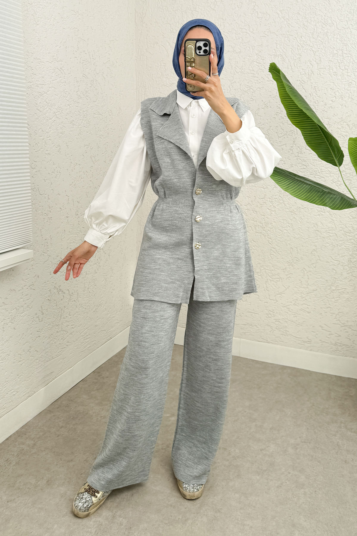 Büzgü Formlu Triko Pantolon Takım 00021 - GRİ |  