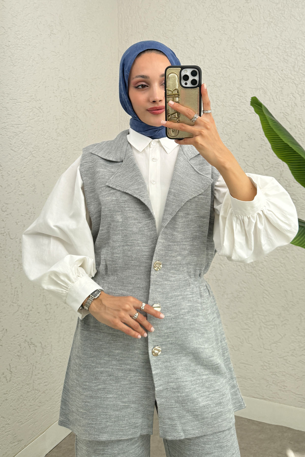 Büzgü Formlu Triko Pantolon Takım 00021 - GRİ |  