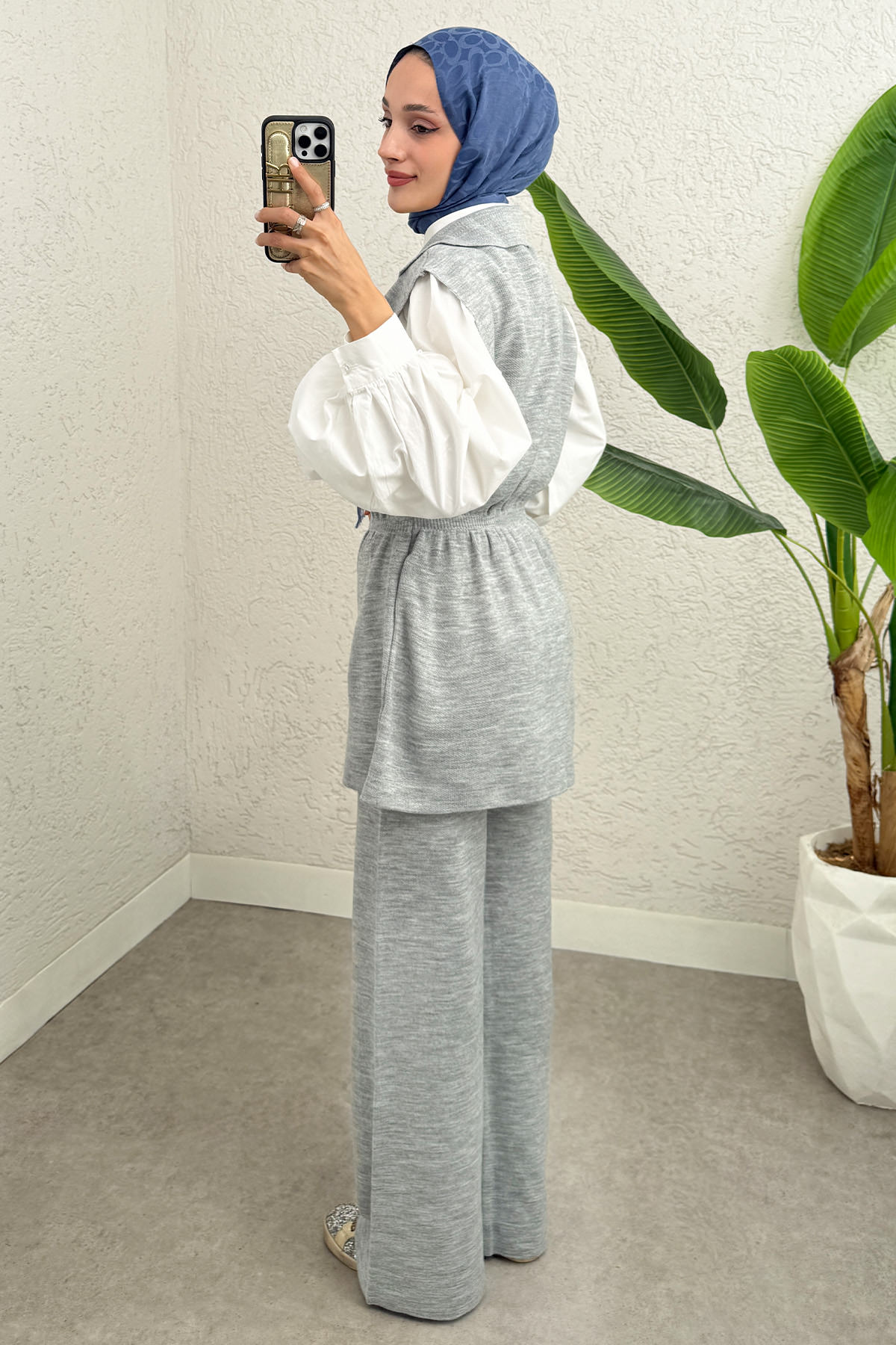 Büzgü Formlu Triko Pantolon Takım 00021 - GRİ |  