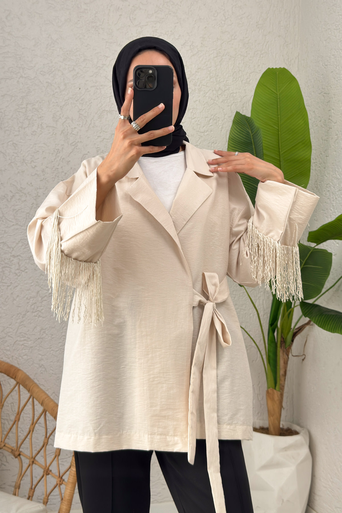 Kolları Püsküllü Kimono 0004 - BEJ |  