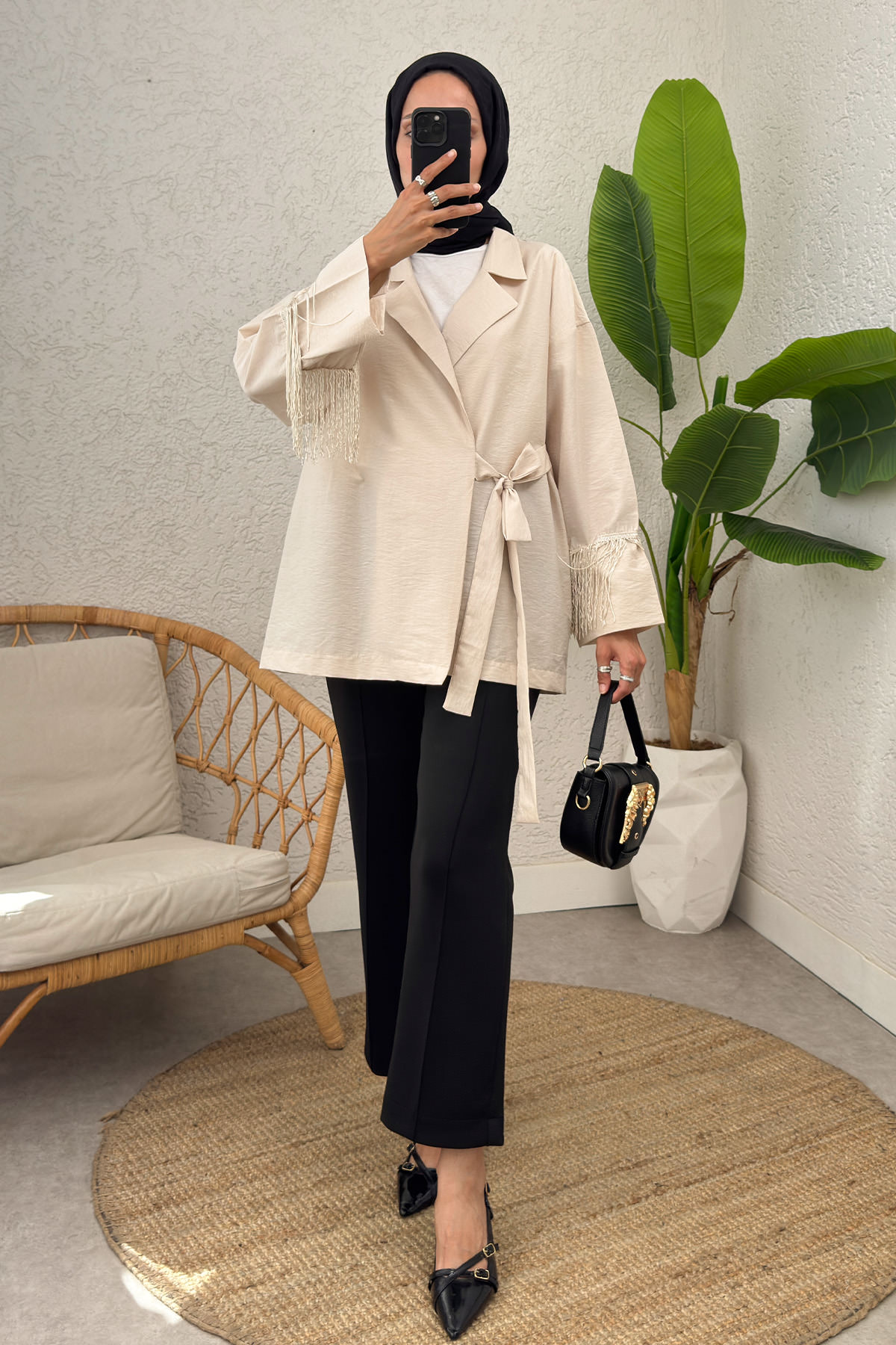 Kolları Püsküllü Kimono 0004 - BEJ |  