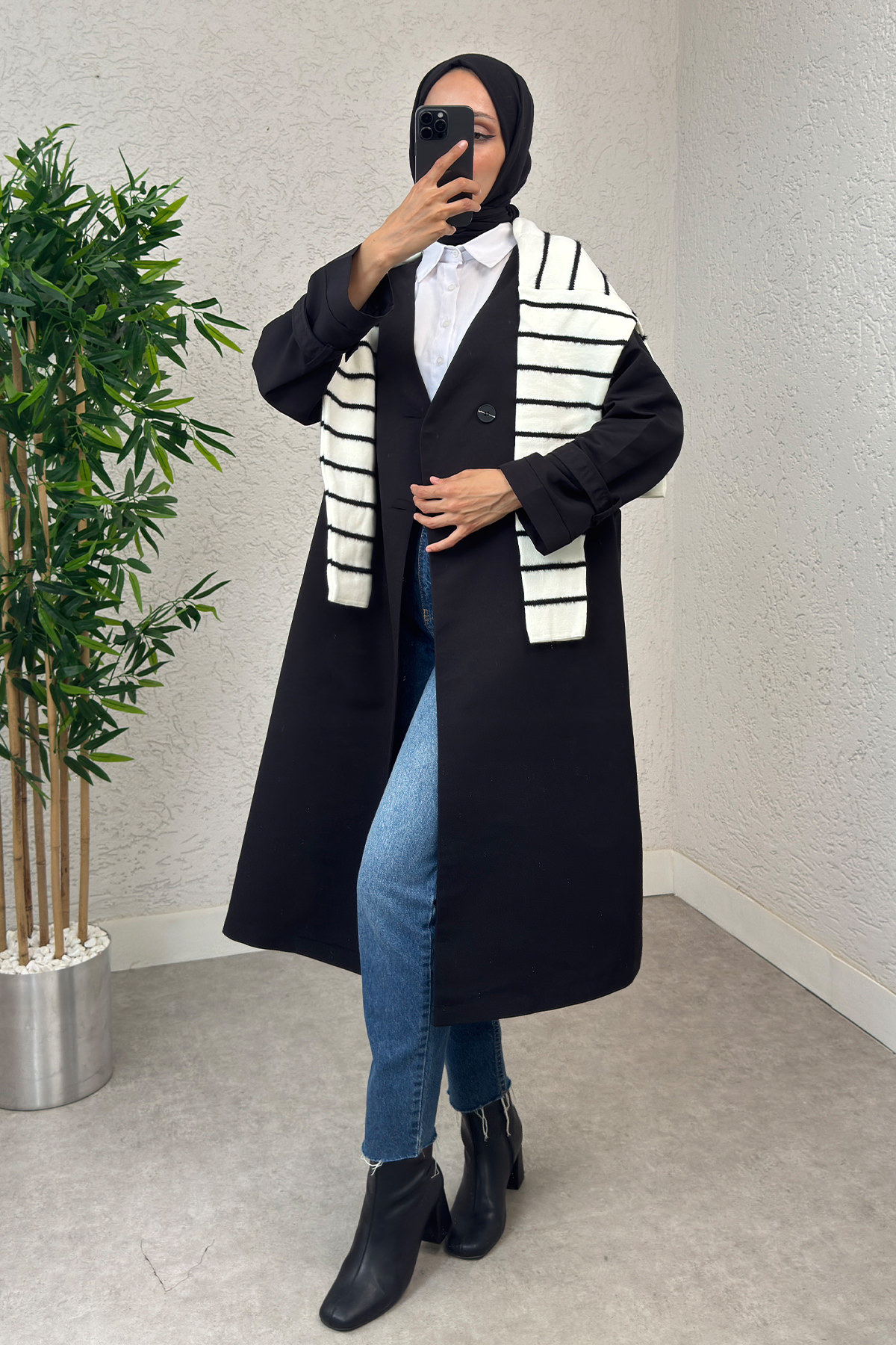 V Yaka Trençkot 0011 - SİYAH |  