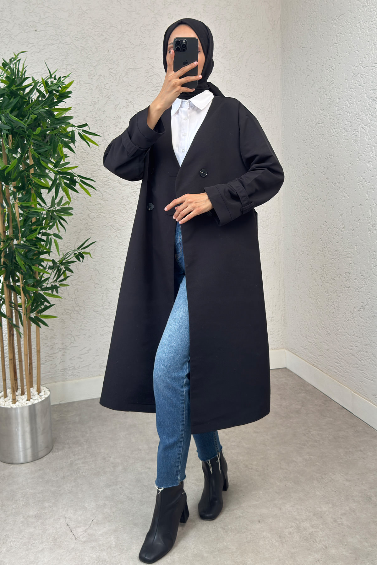 V Yaka Trençkot 0011 - SİYAH |  