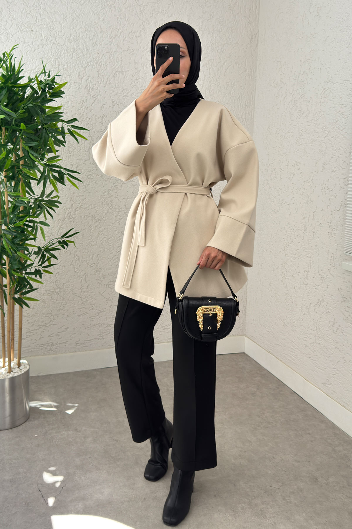 V Yaka Kaşe Kaban 0013 - EKRU |  