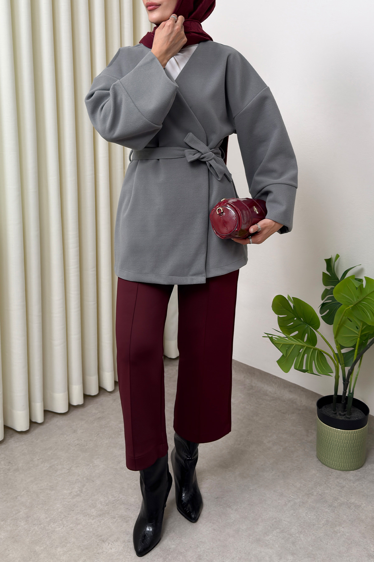 V Yaka Kaşe Kaban 0013 - GRİ |  