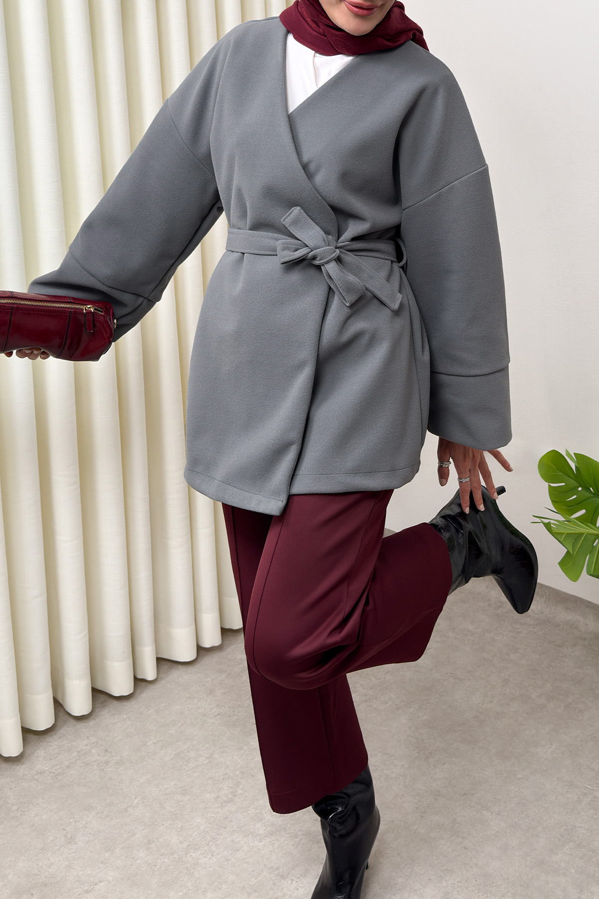 V Yaka Kaşe Kaban 0013 - GRİ |  