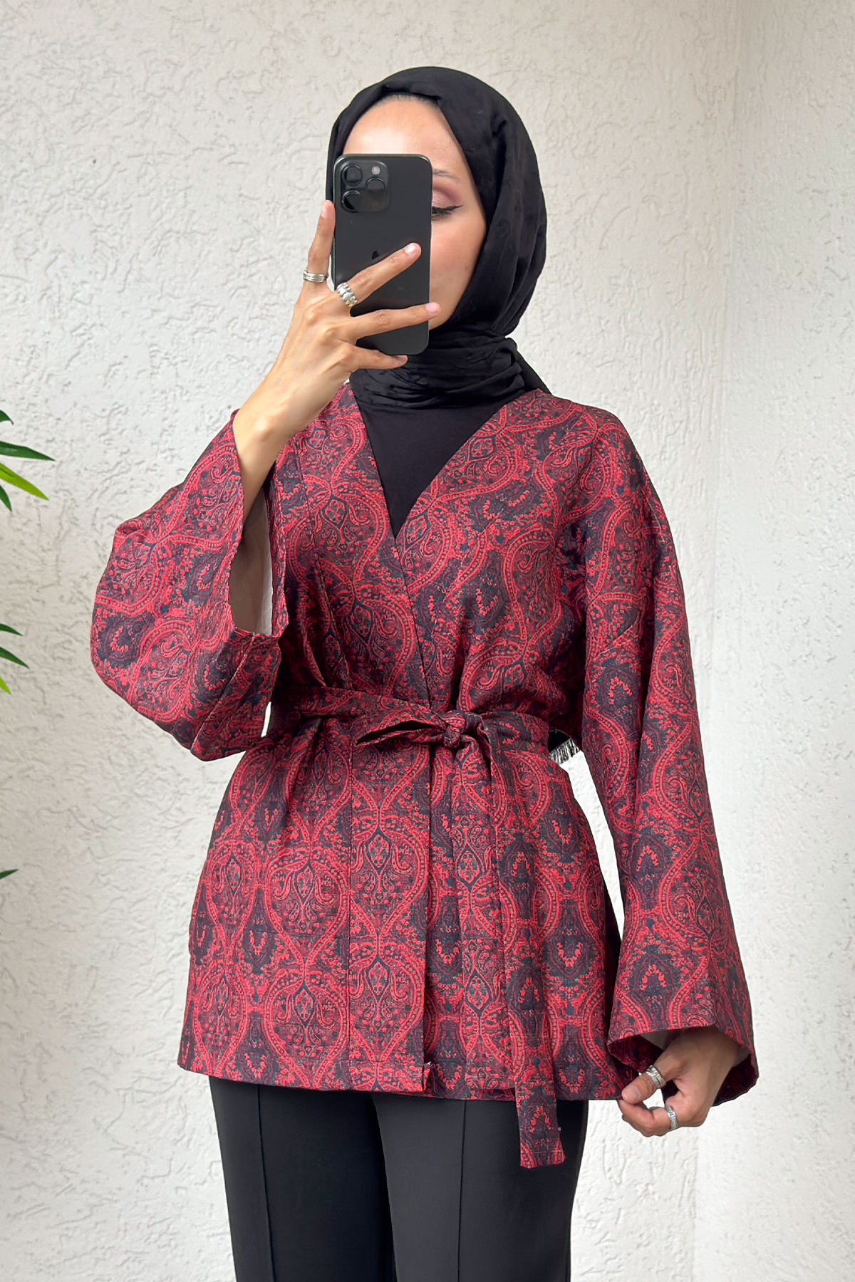 Kilim Desen Kuşaklı Kimono 0016 - BORDO |  