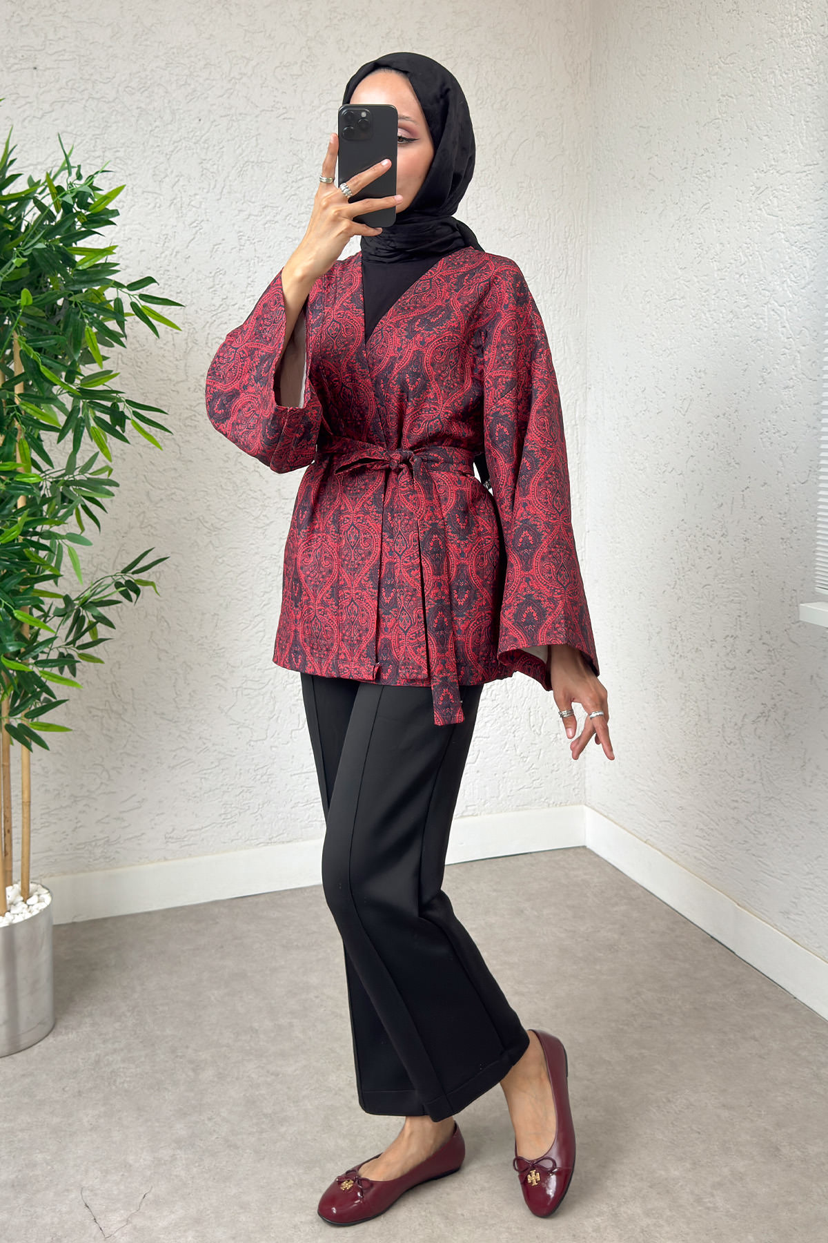 Kilim Desen Kuşaklı Kimono 0016 - BORDO |  