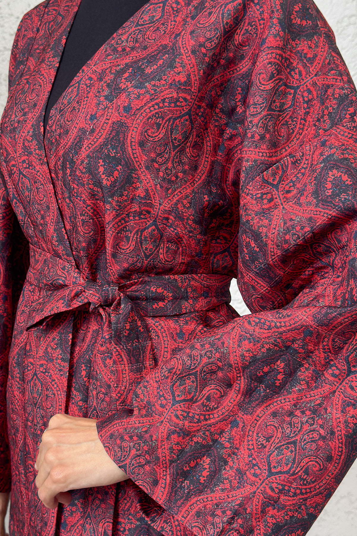 Kilim Desen Kuşaklı Kimono 0016 - BORDO |  