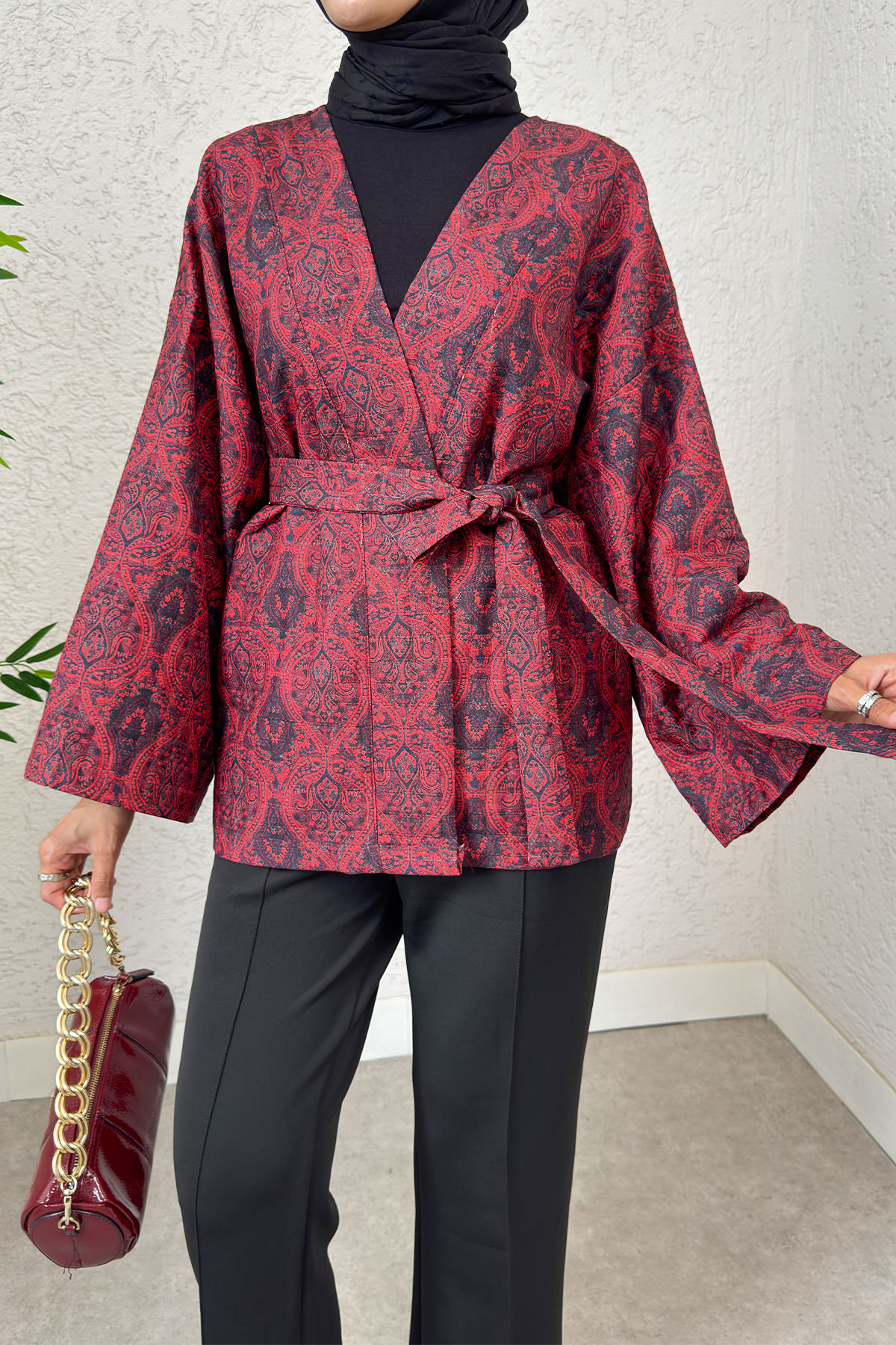 Kilim Desen Kuşaklı Kimono 0016 - BORDO |  
