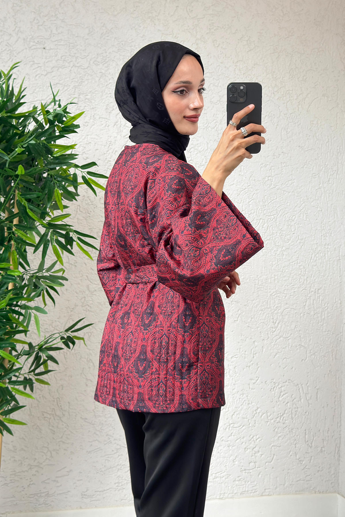 Kilim Desen Kuşaklı Kimono 0016 - BORDO |  