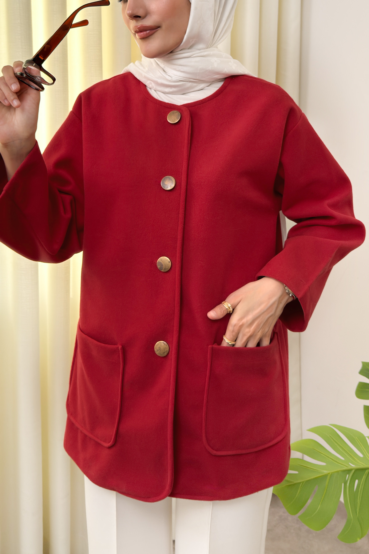 Kaşe Cepli Bisiklet Yaka Ceket 0017 - KIRMIZI |  