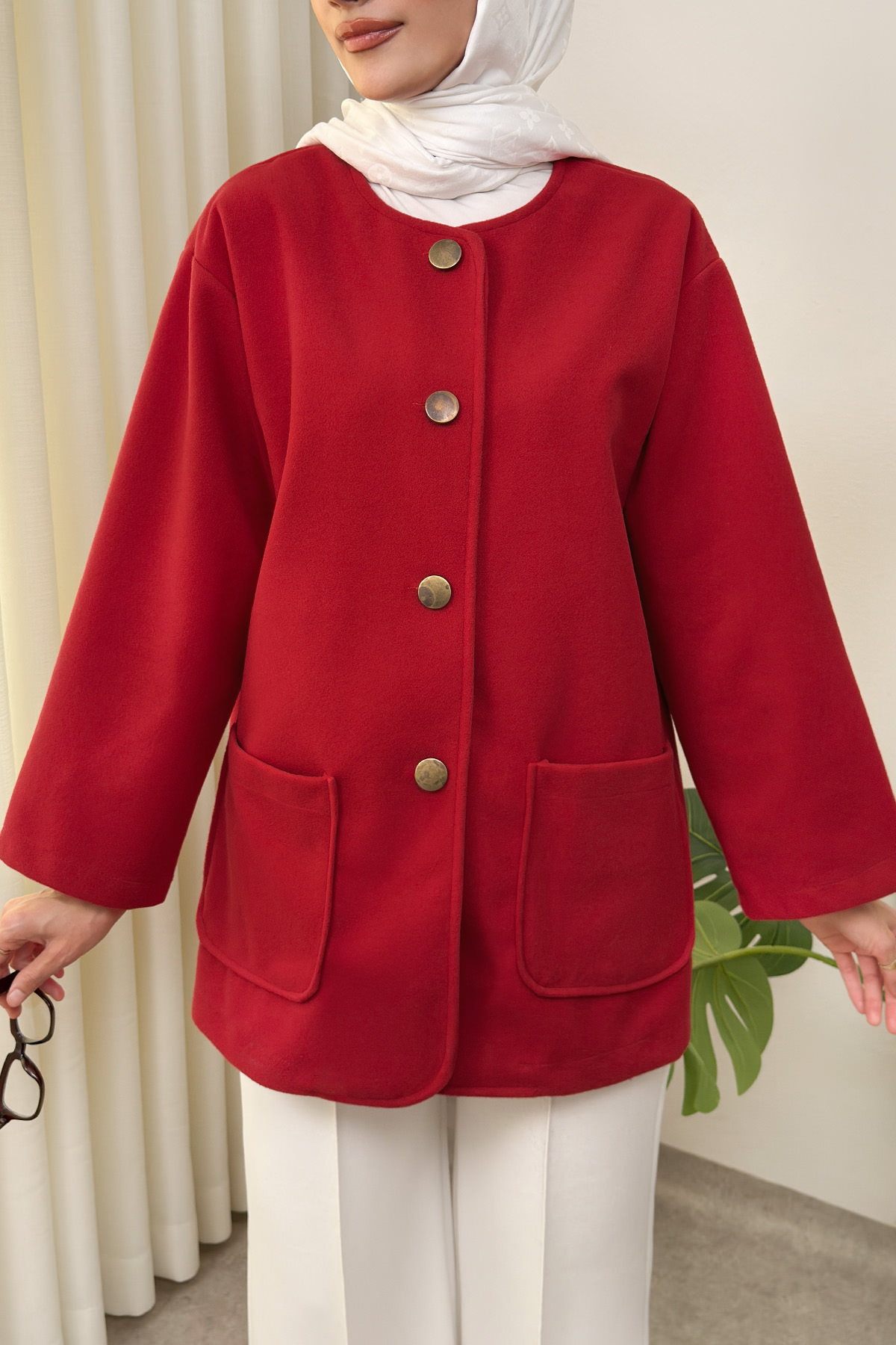 Kaşe Cepli Bisiklet Yaka Ceket 0017 - KIRMIZI |  