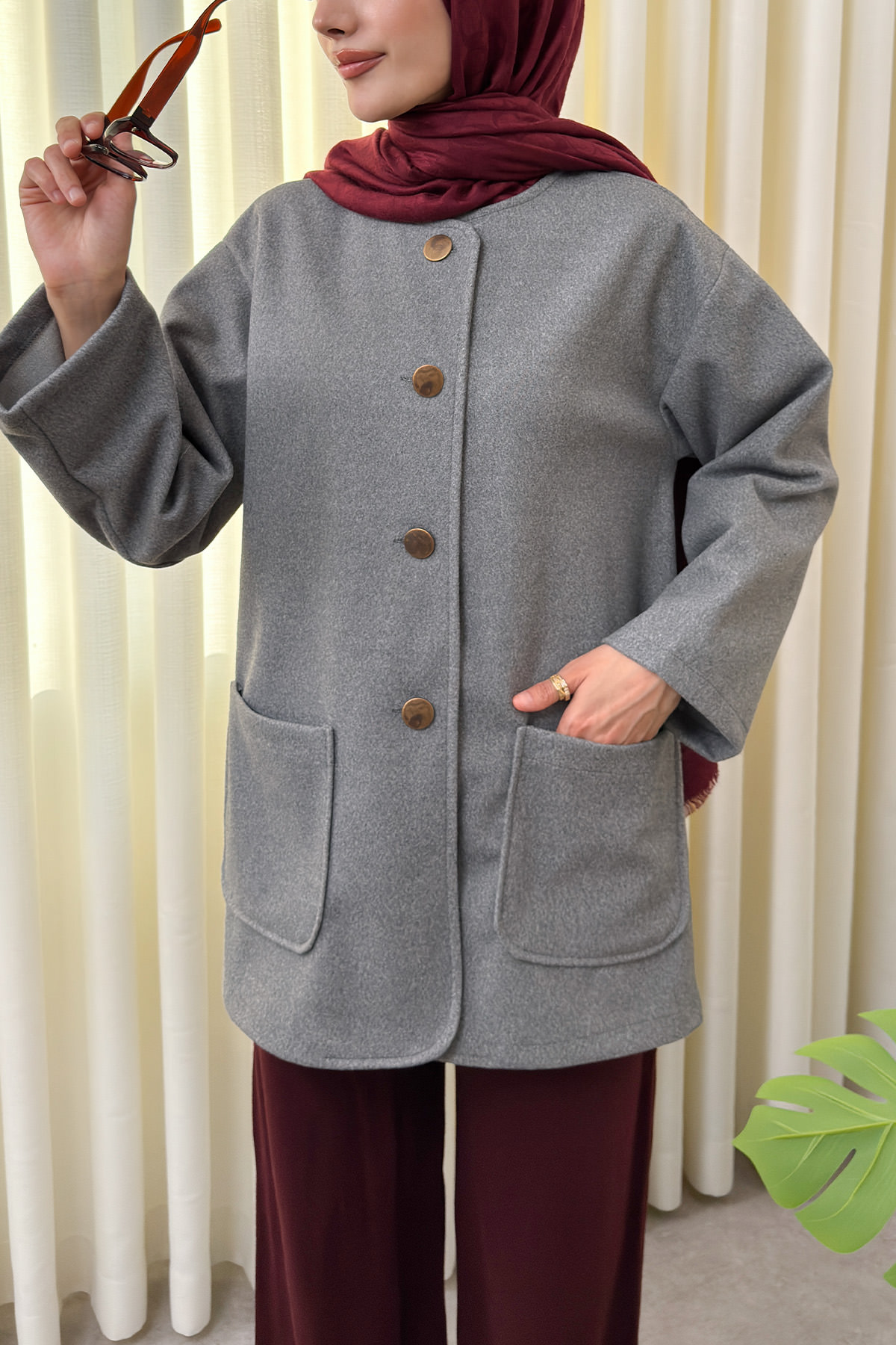 Kaşe Cepli Bisiklet Yaka Ceket 0017 - GRİ |  