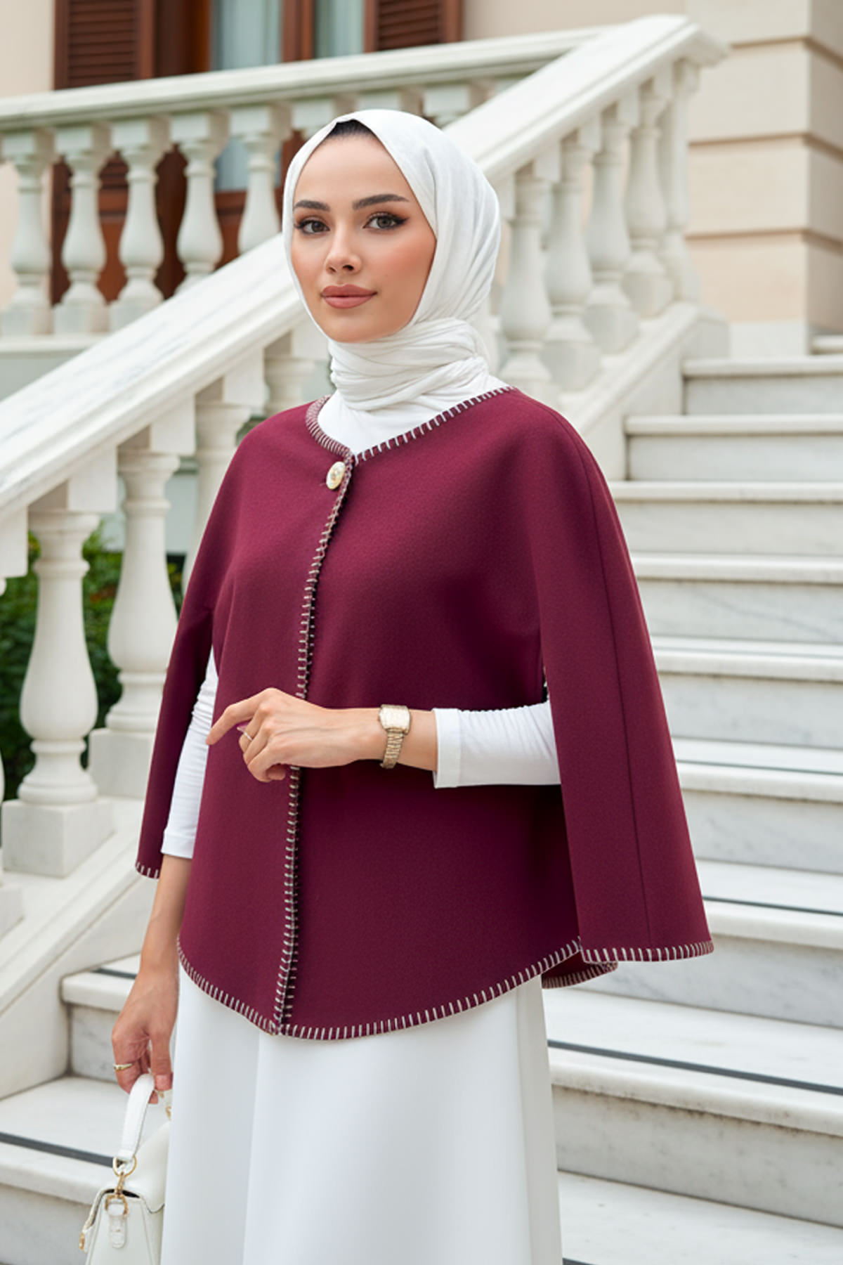 Tek Düğmeli Kaşe Panço 0018 - BORDO |  