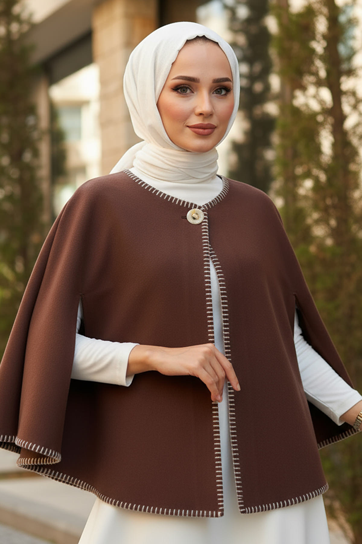 Tek Düğmeli Kaşe Panço 0018 - KAHVERENGİ |  