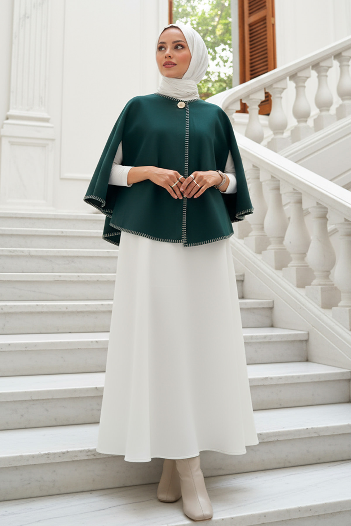 Tek Düğmeli Kaşe Panço 0018 - ZÜMRÜT YEŞİLİ |  