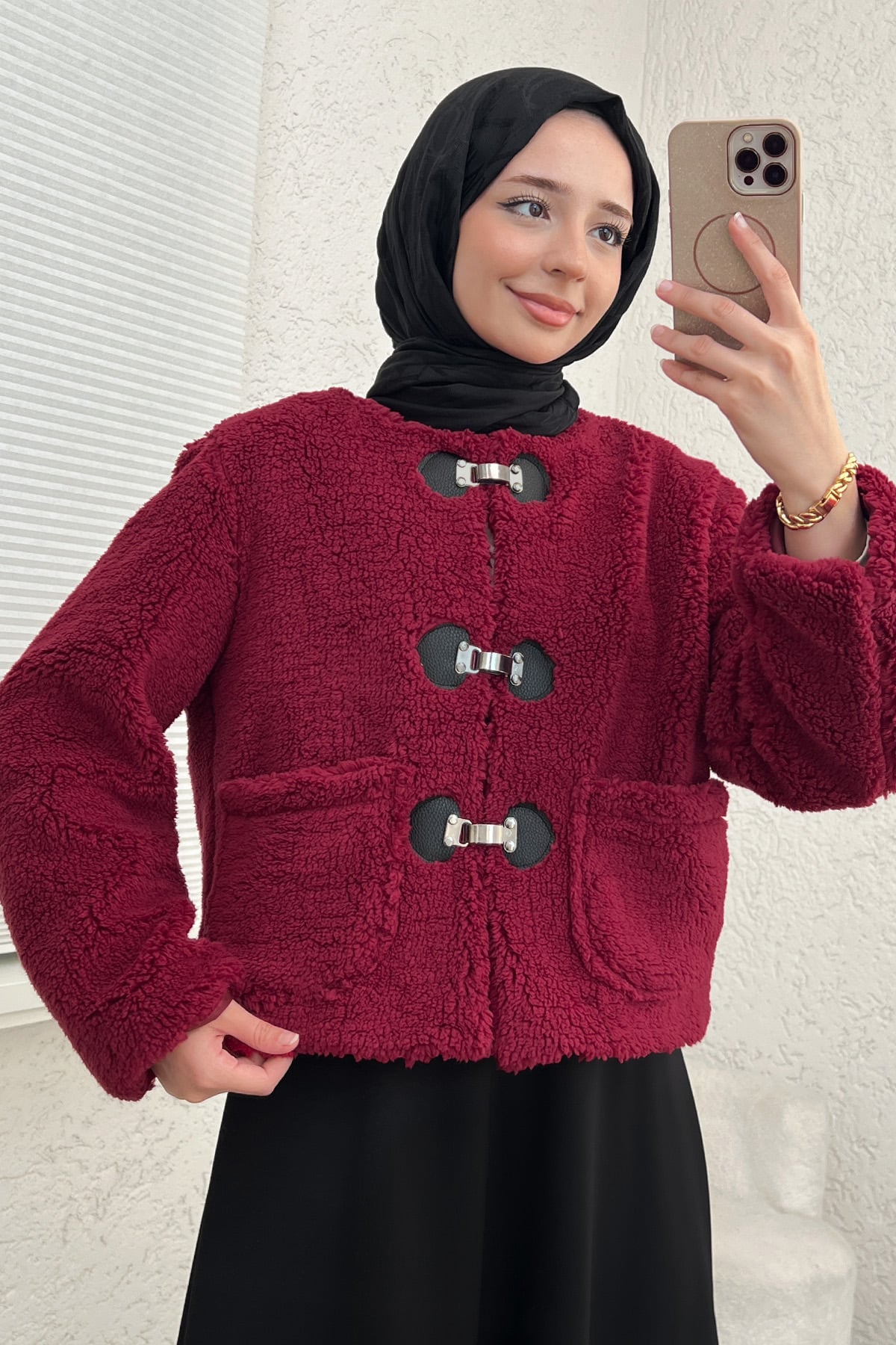 Toka Detaylı Peluş Ceket 0020 - BORDO | zenne.com 